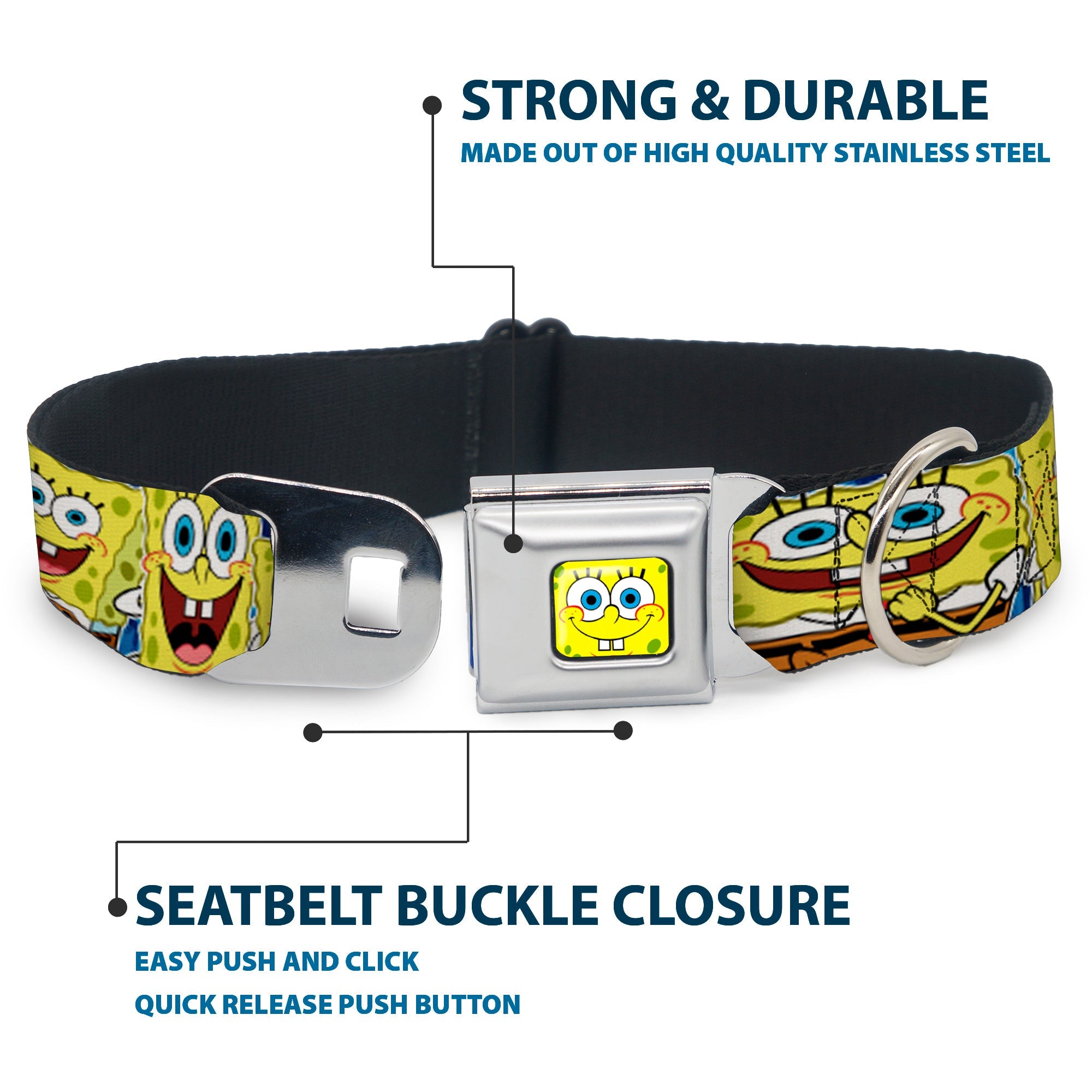 Sponge Bob Face CLOSE-UP Full Color Seatbelt Buckle Collar - SpongeBob Expressions Stripe Blue
