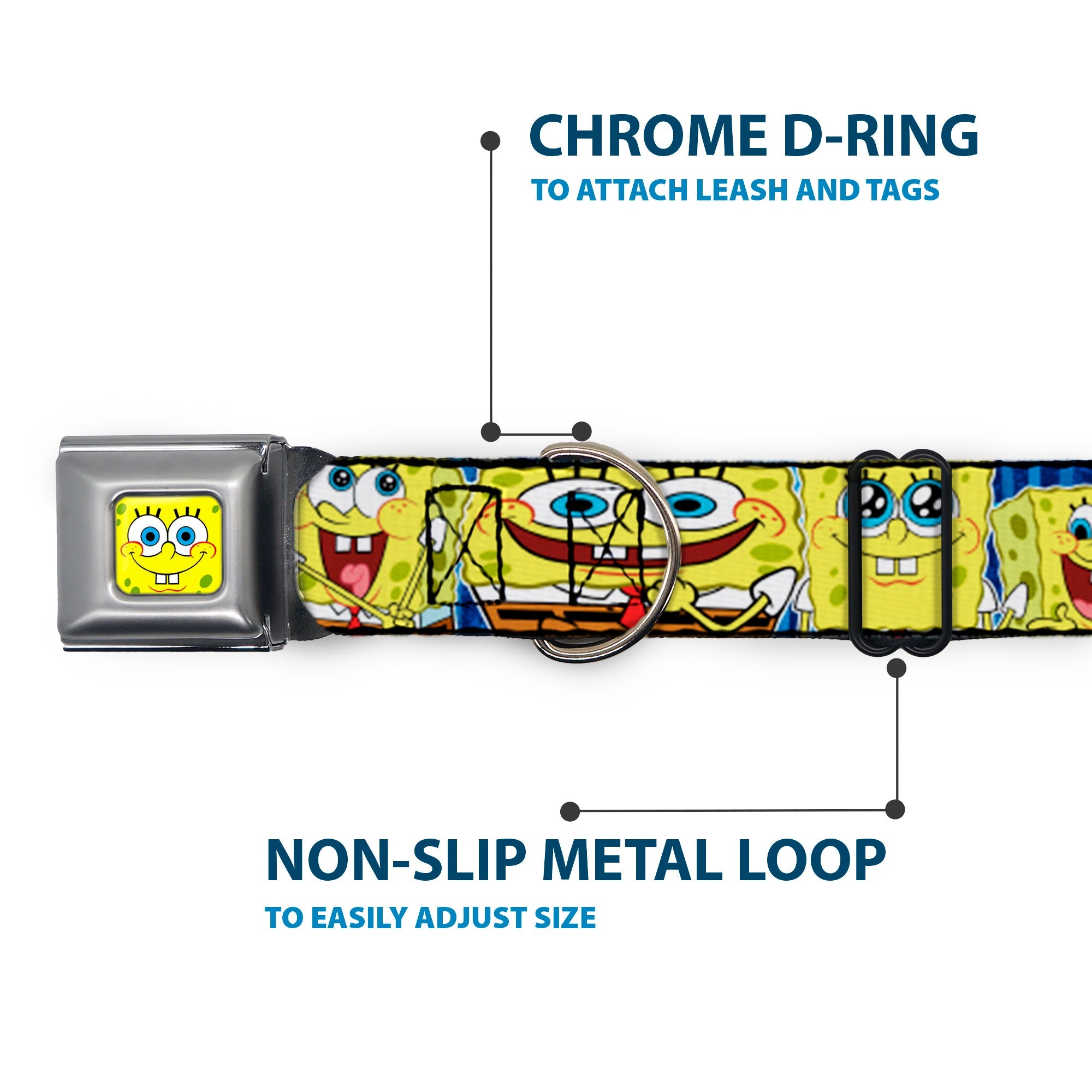 Sponge Bob Face CLOSE-UP Full Color Seatbelt Buckle Collar - SpongeBob Expressions Stripe Blue