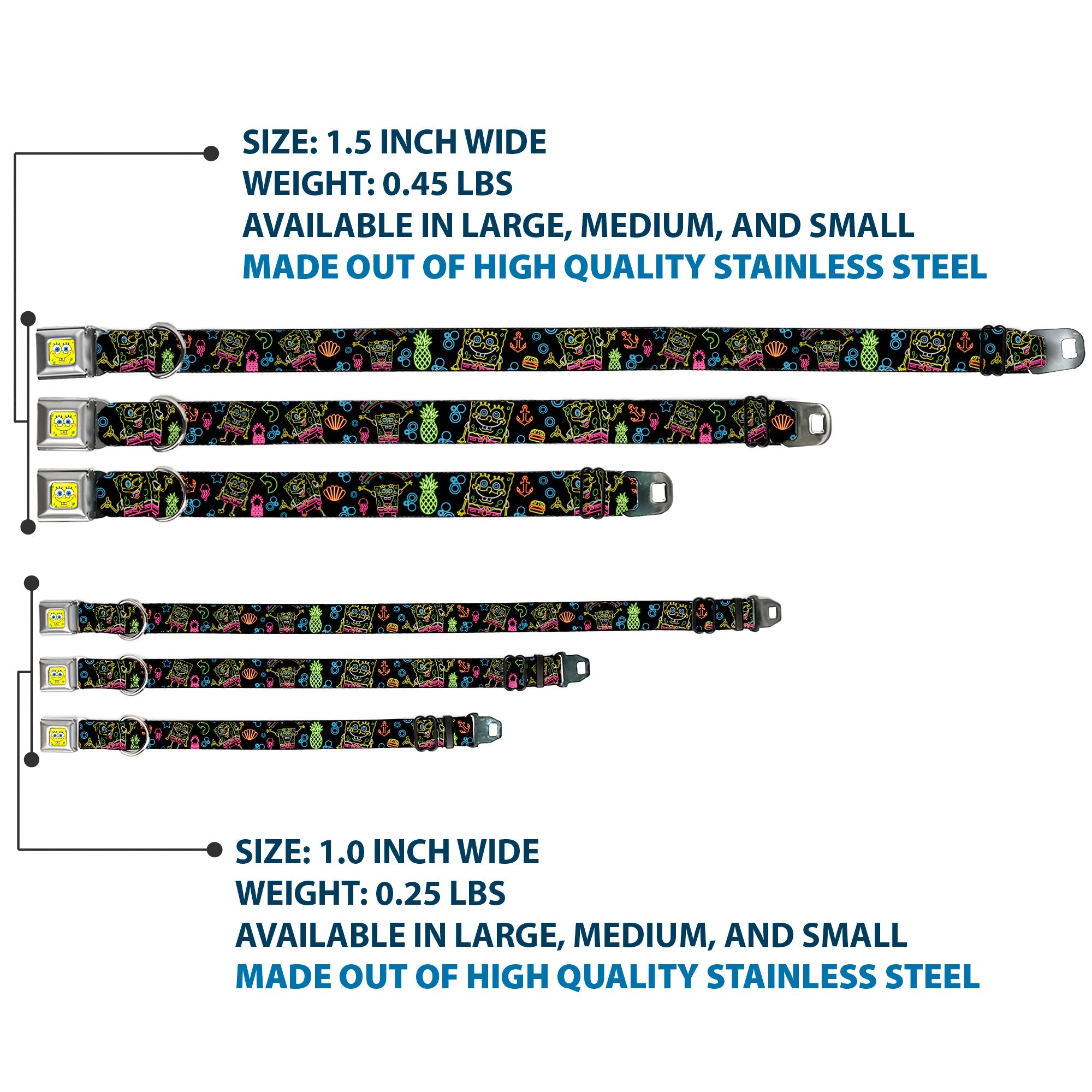 SpongeBob Face CLOSE-UP Full Color Seatbelt Buckle Collar - Electric SpongeBob Poses/Elements Black/Multi Color