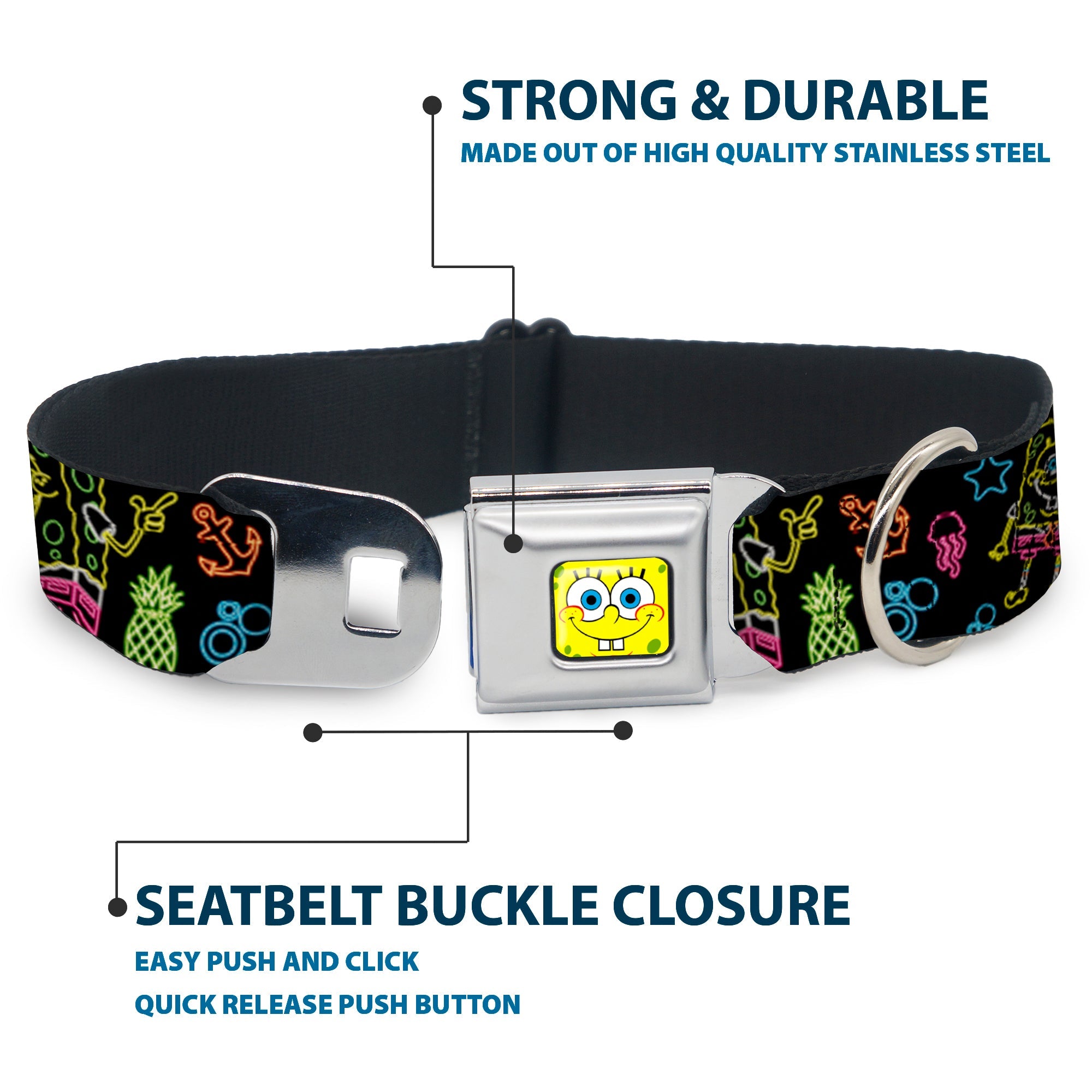 SpongeBob Face CLOSE-UP Full Color Seatbelt Buckle Collar - Electric SpongeBob Poses/Elements Black/Multi Color