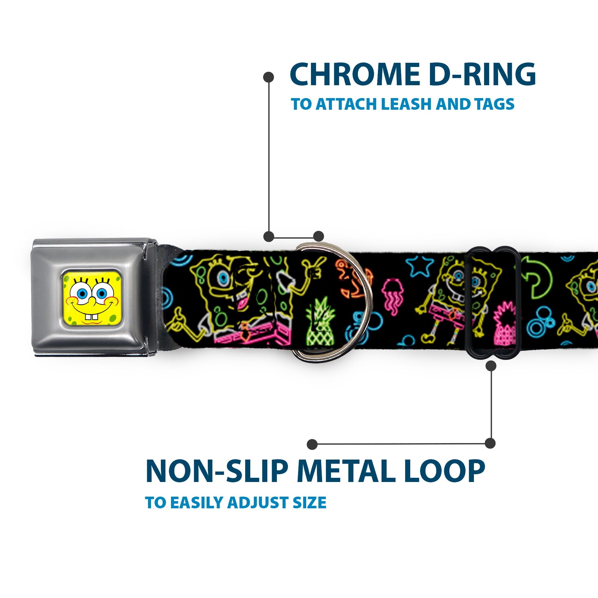 SpongeBob Face CLOSE-UP Full Color Seatbelt Buckle Collar - Electric SpongeBob Poses/Elements Black/Multi Color