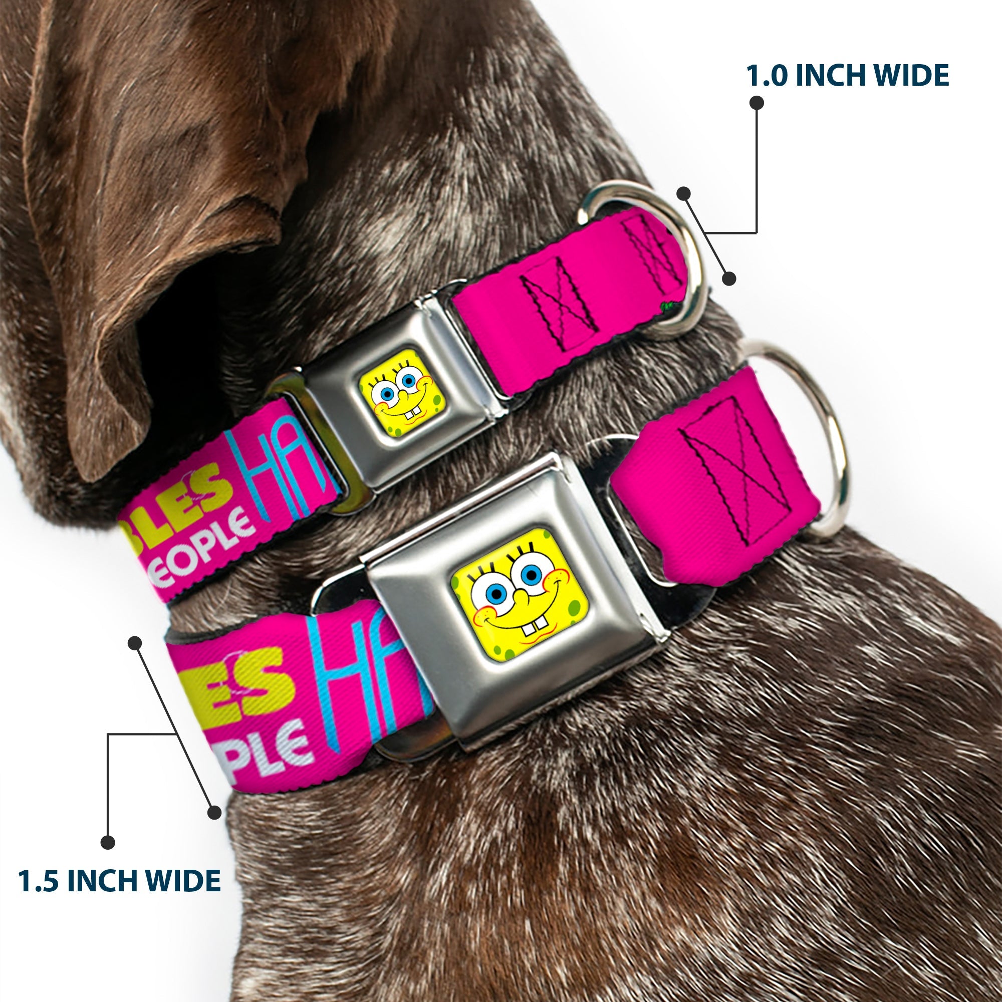 SpongeBob Face CLOSE-UP Full Color Seatbelt Buckle Collar - Patrick Starfish Pose BUBBLES MAKE PEOPLE HAPPY Pink/Yellow/White/Blue