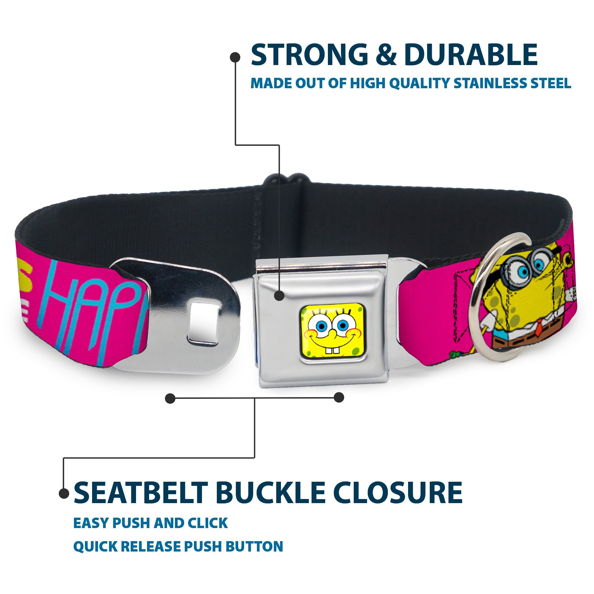 SpongeBob Face CLOSE-UP Full Color Seatbelt Buckle Collar - Patrick Starfish Pose BUBBLES MAKE PEOPLE HAPPY Pink/Yellow/White/Blue