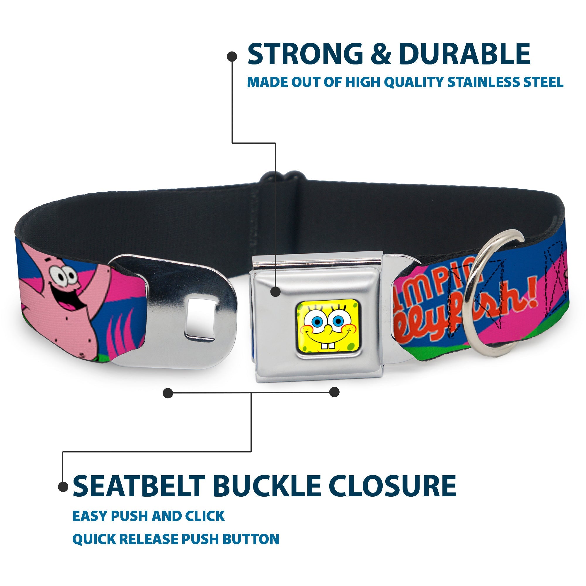SpongeBob Face CLOSE-UP Full Color Seatbelt Buckle Collar - Nerd SpongeBob & Patrick Starfish Running JUMPIN' JELLYFISH! Multi Color/Red
