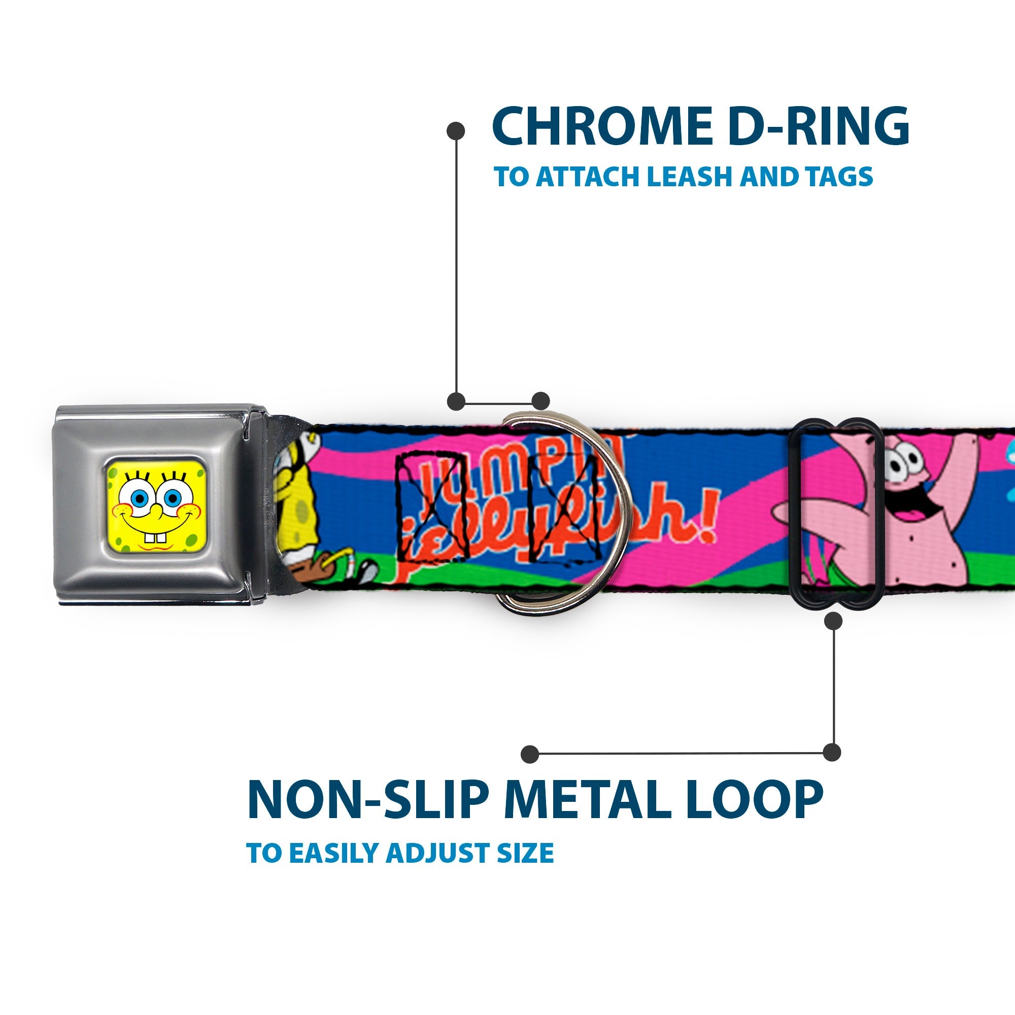 SpongeBob Face CLOSE-UP Full Color Seatbelt Buckle Collar - Nerd SpongeBob & Patrick Starfish Running JUMPIN' JELLYFISH! Multi Color/Red