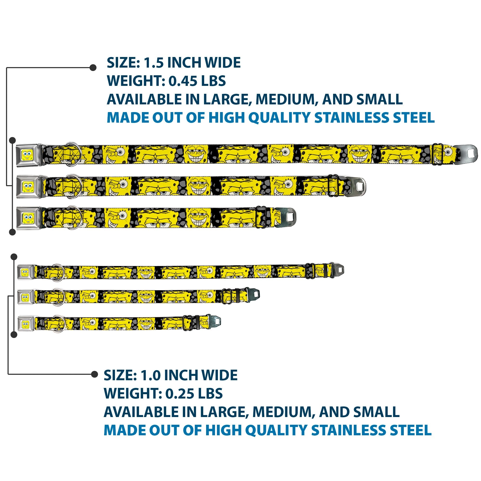 SpongeBob Face CLOSE-UP Full Color Seatbelt Buckle Collar - SpongeBob 4-CLOSE-UP Expressions/Crackle Black/Gray/Yellow