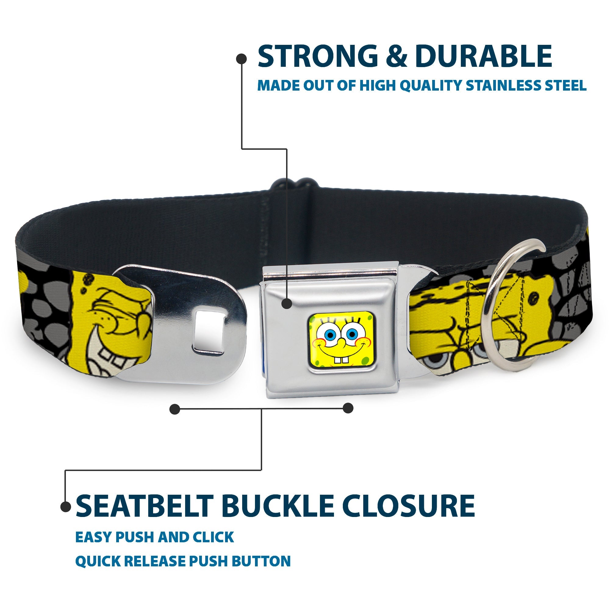 SpongeBob Face CLOSE-UP Full Color Seatbelt Buckle Collar - SpongeBob 4-CLOSE-UP Expressions/Crackle Black/Gray/Yellow