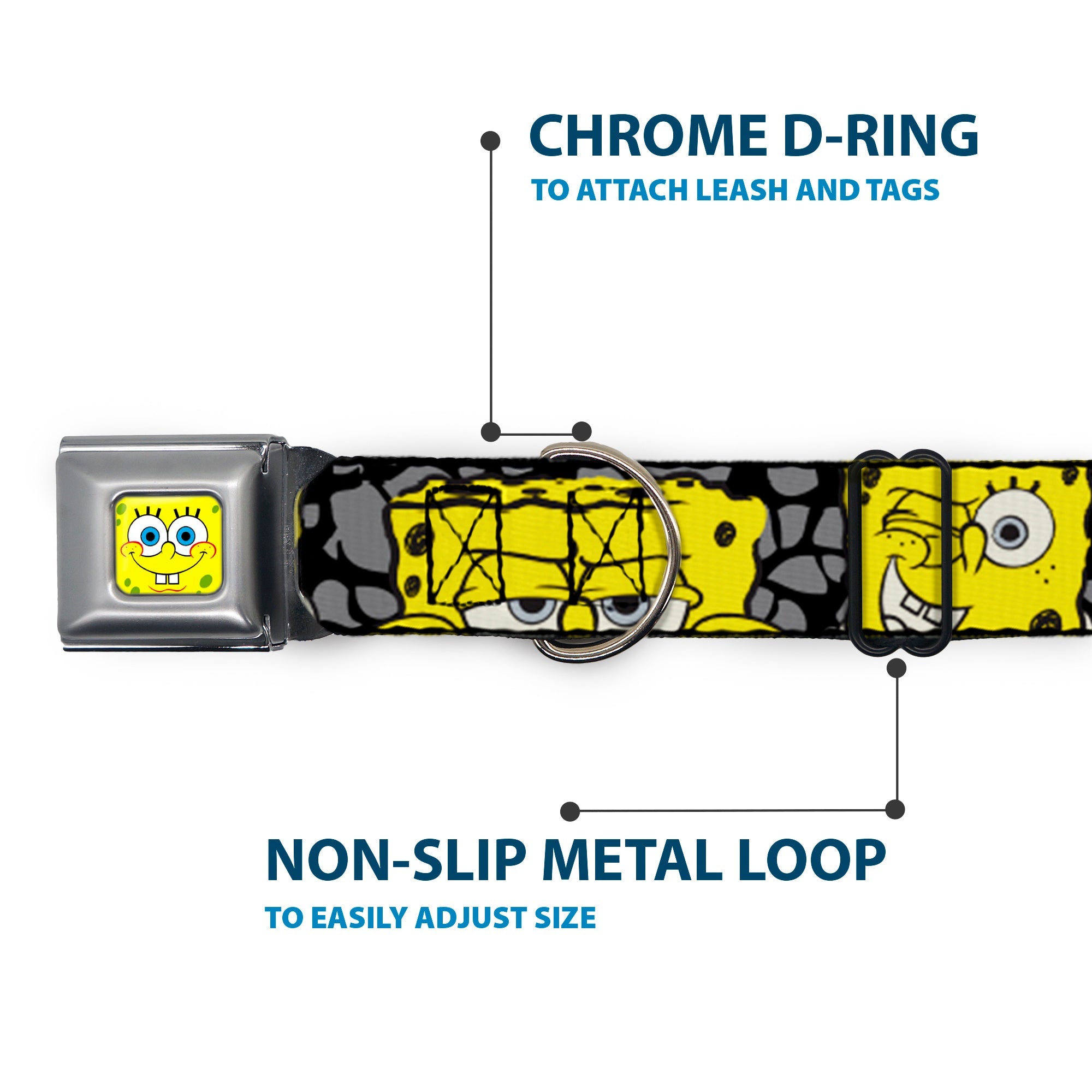 SpongeBob Face CLOSE-UP Full Color Seatbelt Buckle Collar - SpongeBob 4-CLOSE-UP Expressions/Crackle Black/Gray/Yellow