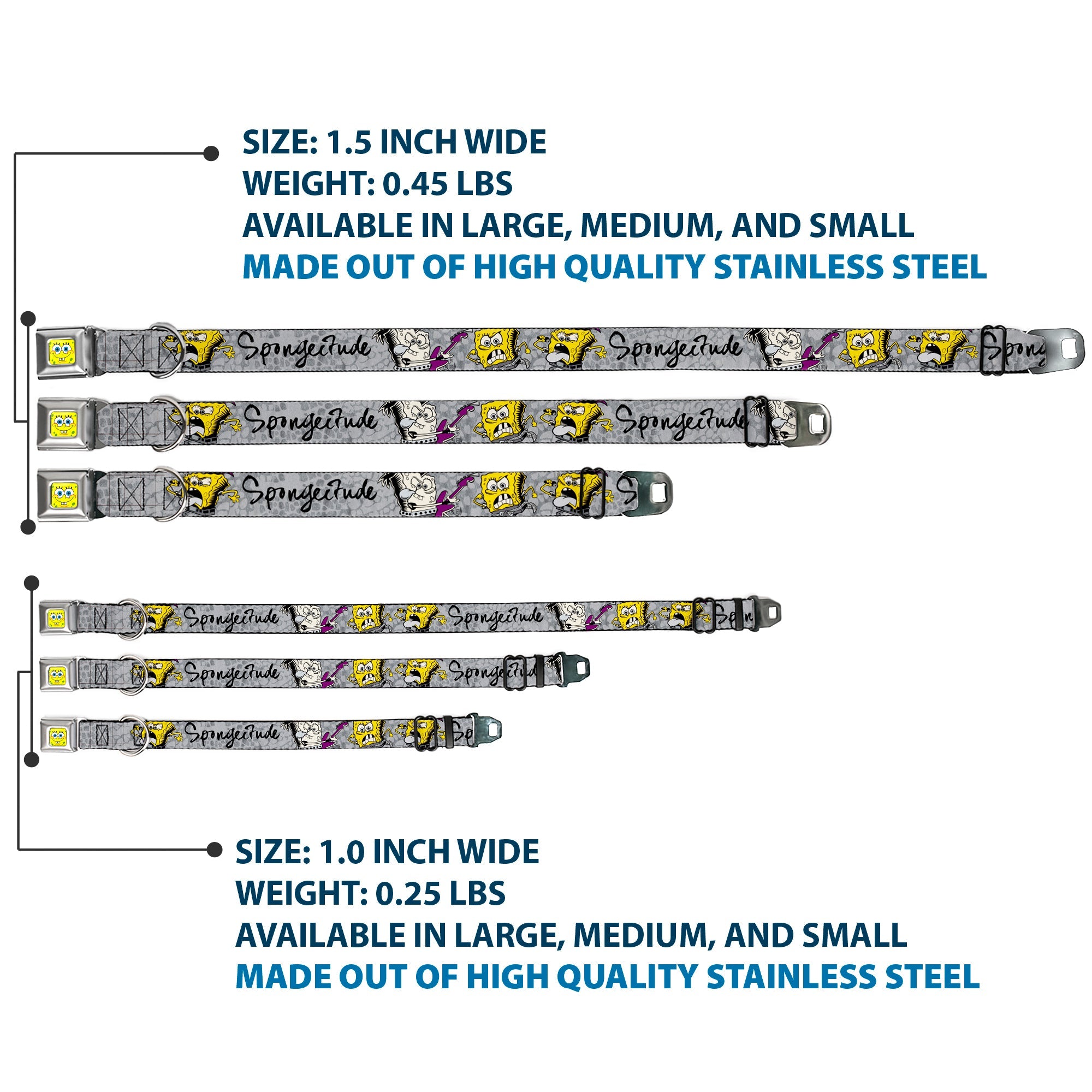 SpongeBob Face CLOSE-UP Full Color Seatbelt Buckle Collar - SpongeBob 3-Poses SPONGEITUDE Grays/Black