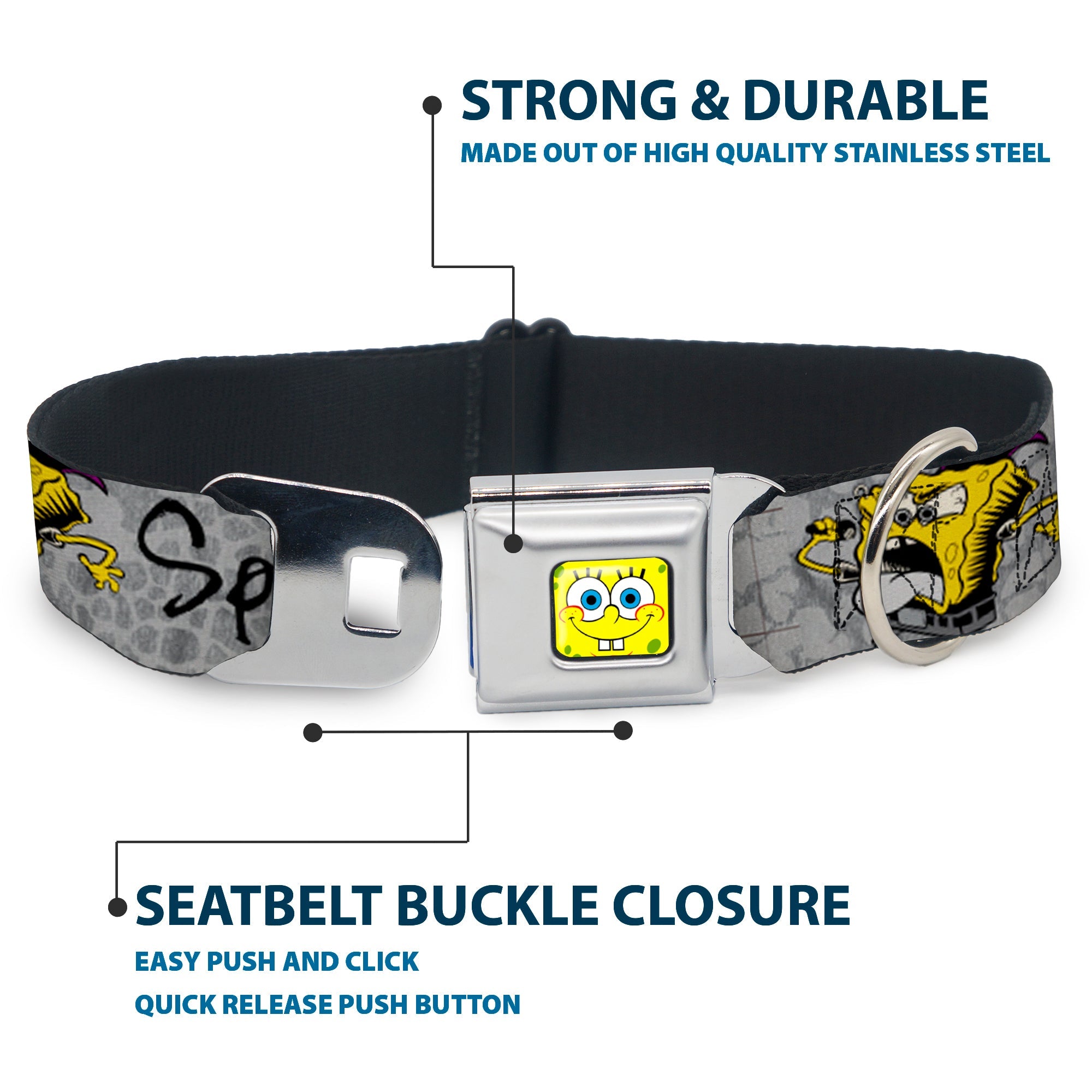 SpongeBob Face CLOSE-UP Full Color Seatbelt Buckle Collar - SpongeBob 3-Poses SPONGEITUDE Grays/Black