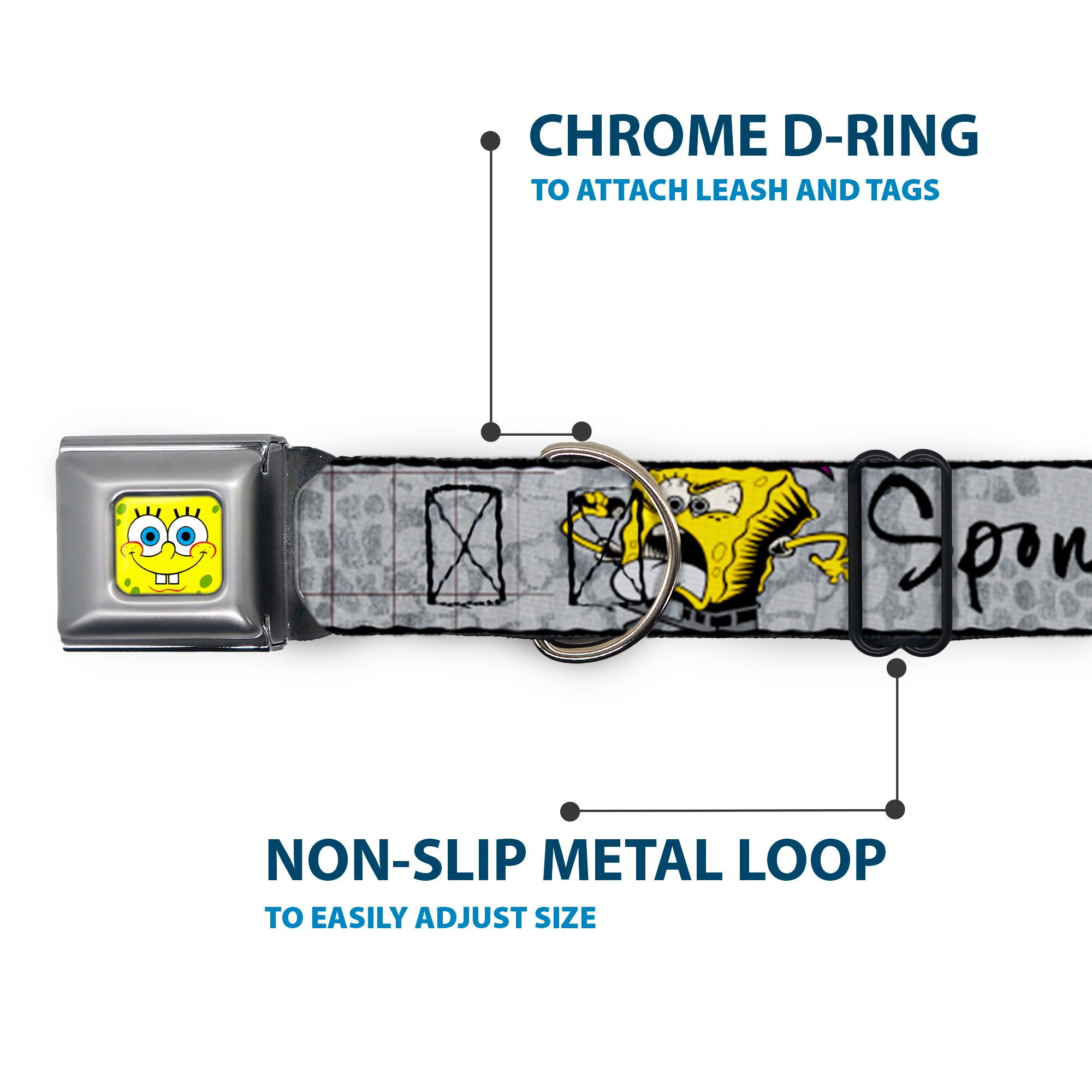 SpongeBob Face CLOSE-UP Full Color Seatbelt Buckle Collar - SpongeBob 3-Poses SPONGEITUDE Grays/Black