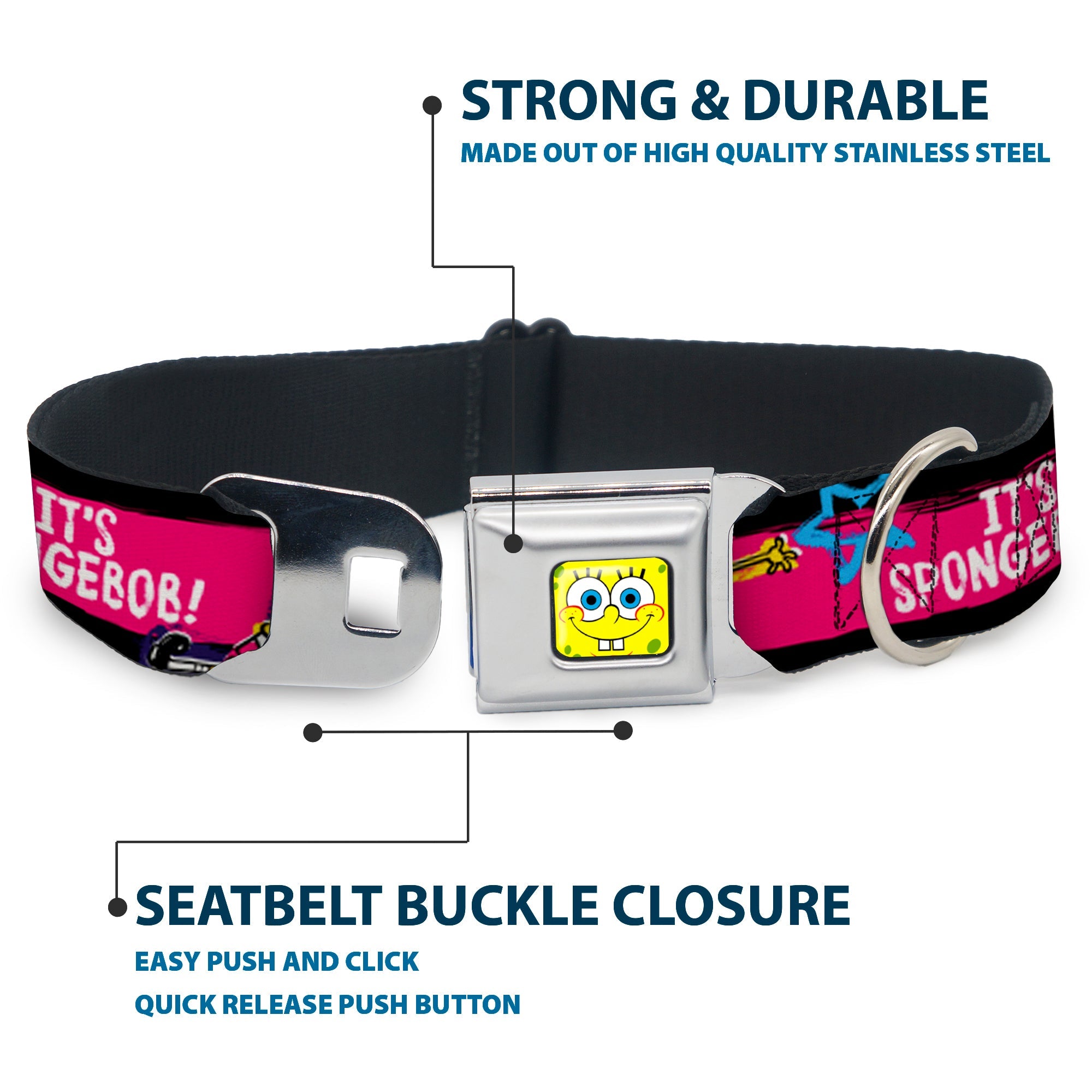 SpongeBob Face CLOSE-UP Full Color Seatbelt Buckle Collar - SpongeBob Pose ITS SPONGEBOB! Stripe Black/Pink/Blue/White