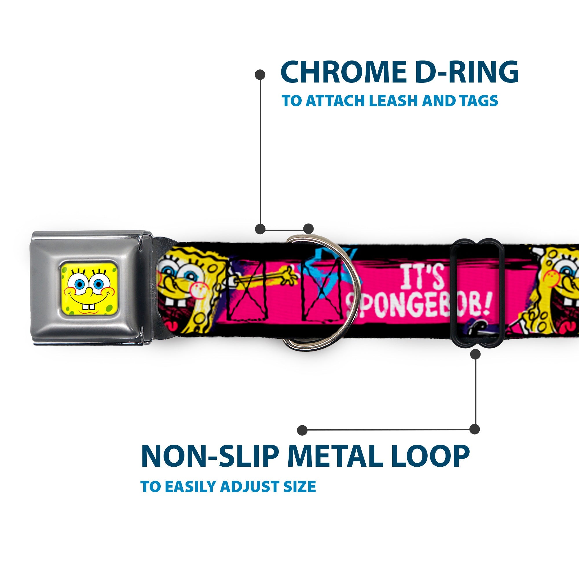 SpongeBob Face CLOSE-UP Full Color Seatbelt Buckle Collar - SpongeBob Pose IT'S SPONGEBOB! Stripe Black/Pink/Blue/White