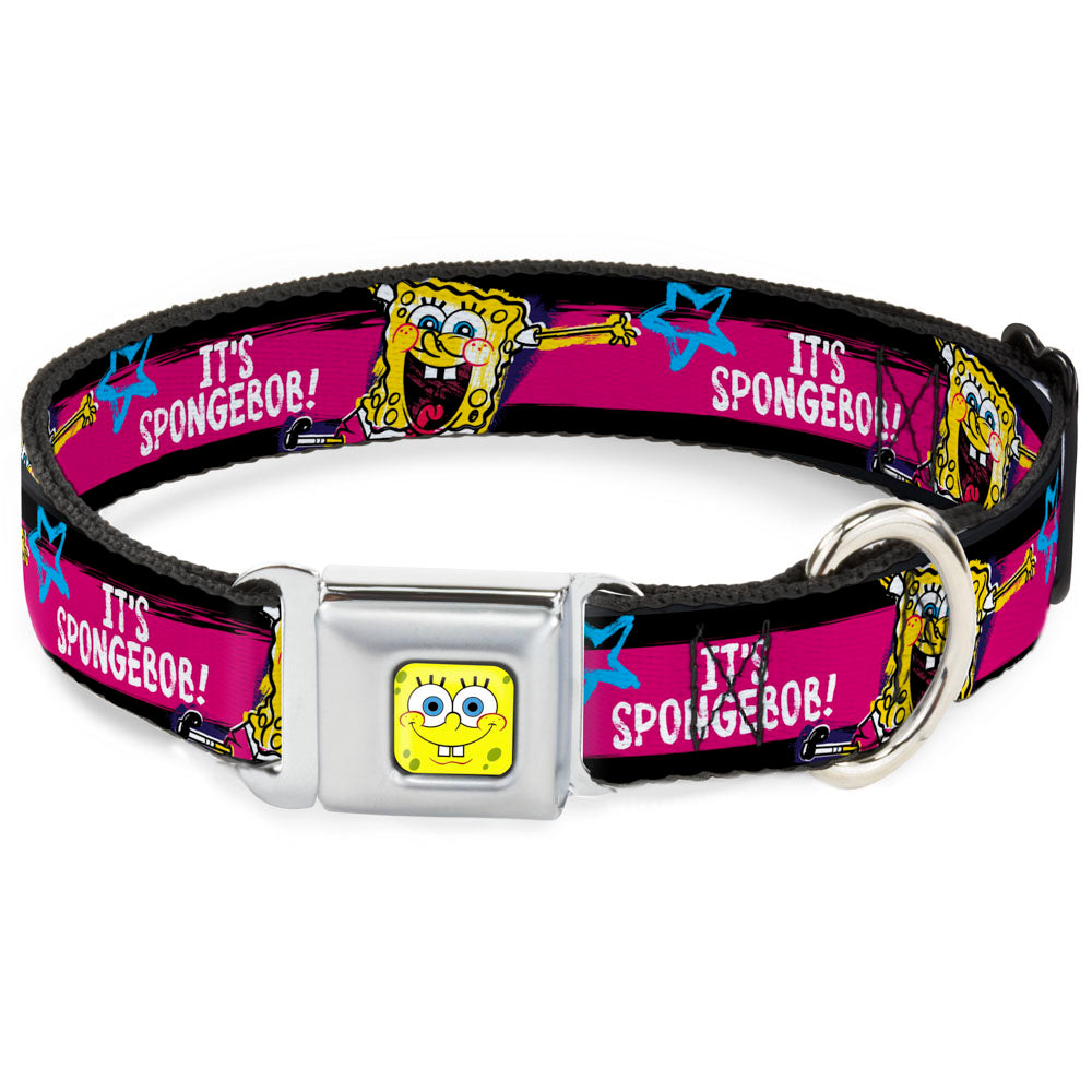 SpongeBob Face CLOSE-UP Full Color Seatbelt Buckle Collar - SpongeBob Pose ITS SPONGEBOB! Stripe Black/Pink/Blue/White