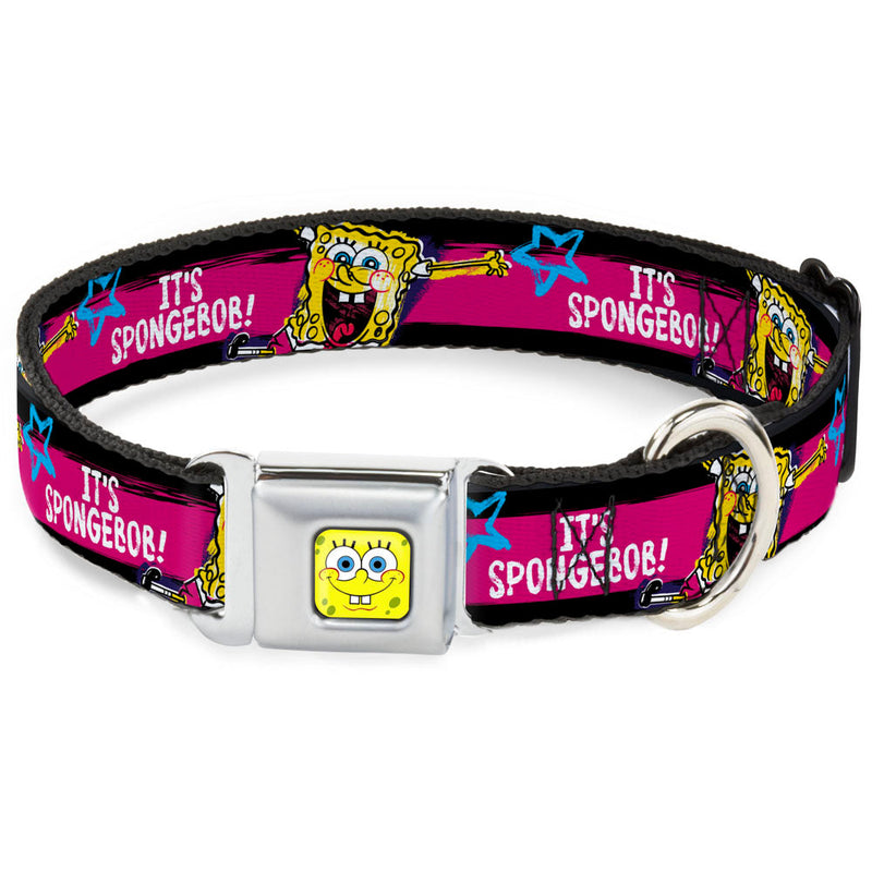 SpongeBob Face CLOSE-UP Full Color Seatbelt Buckle Collar - SpongeBob Pose ITS SPONGEBOB! Stripe Black/Pink/Blue/White