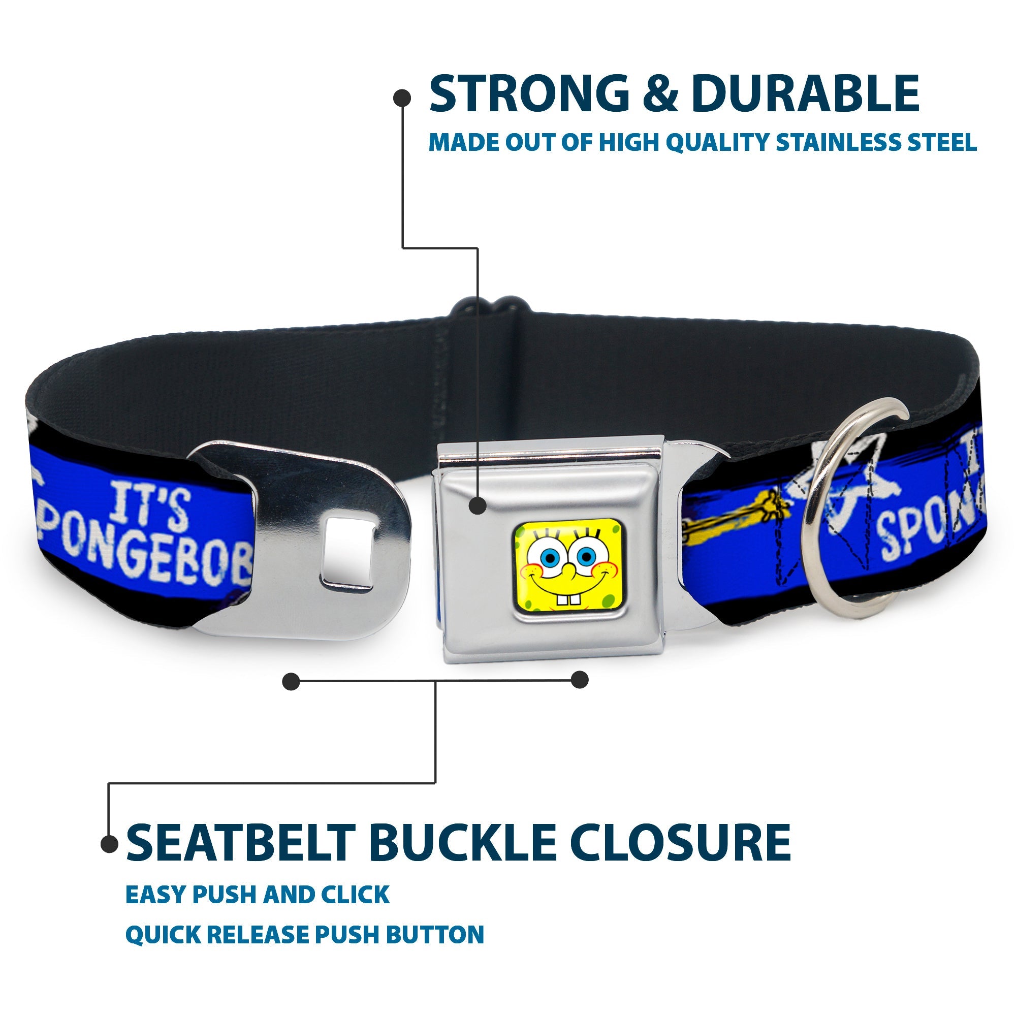SpongeBob Face CLOSE-UP Full Color Seatbelt Buckle Collar - SpongeBob Pose ITS SPONGEBOB! Stripe Black/Blue/White