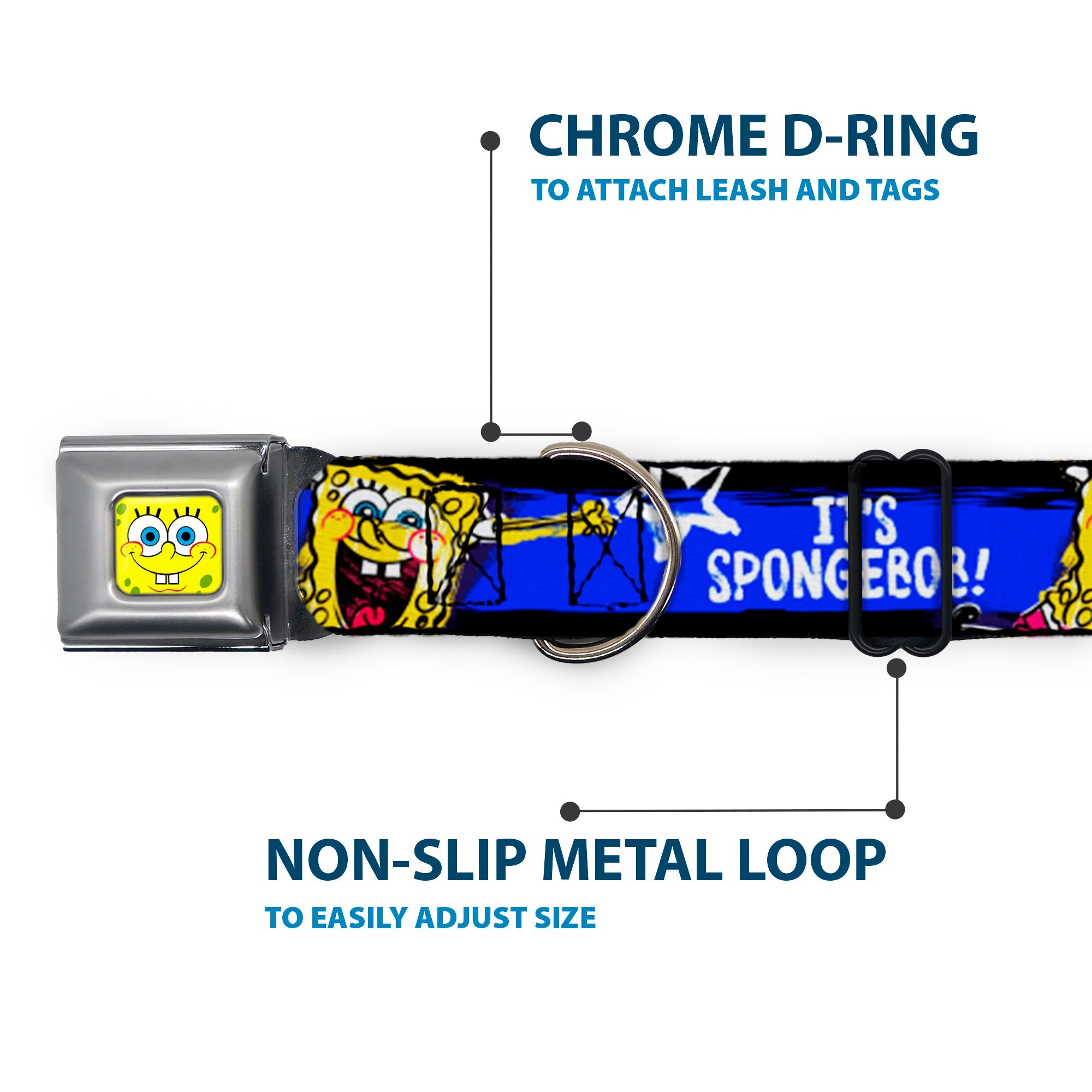 SpongeBob Face CLOSE-UP Full Color Seatbelt Buckle Collar - SpongeBob Pose IT'S SPONGEBOB! Stripe Black/Blue/White