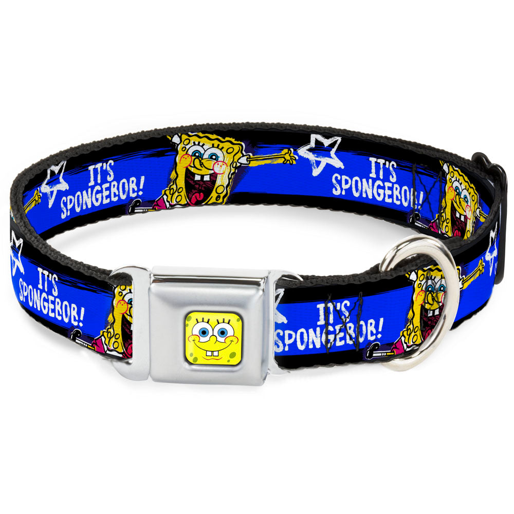 SpongeBob Face CLOSE-UP Full Color Seatbelt Buckle Collar - SpongeBob Pose ITS SPONGEBOB! Stripe Black/Blue/White