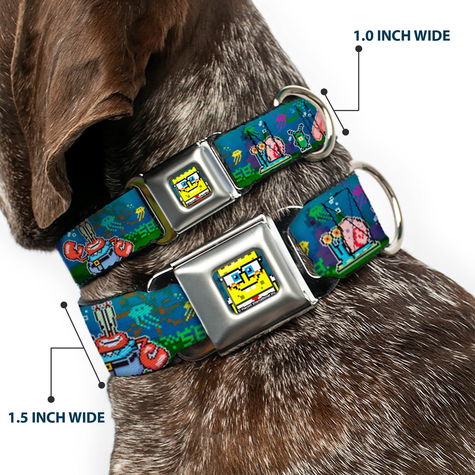 Pixelated SpongeBob Nerd Pose Full Color Blue Seatbelt Buckle Collar - SpongeBob & Friends 8-Bit Scene