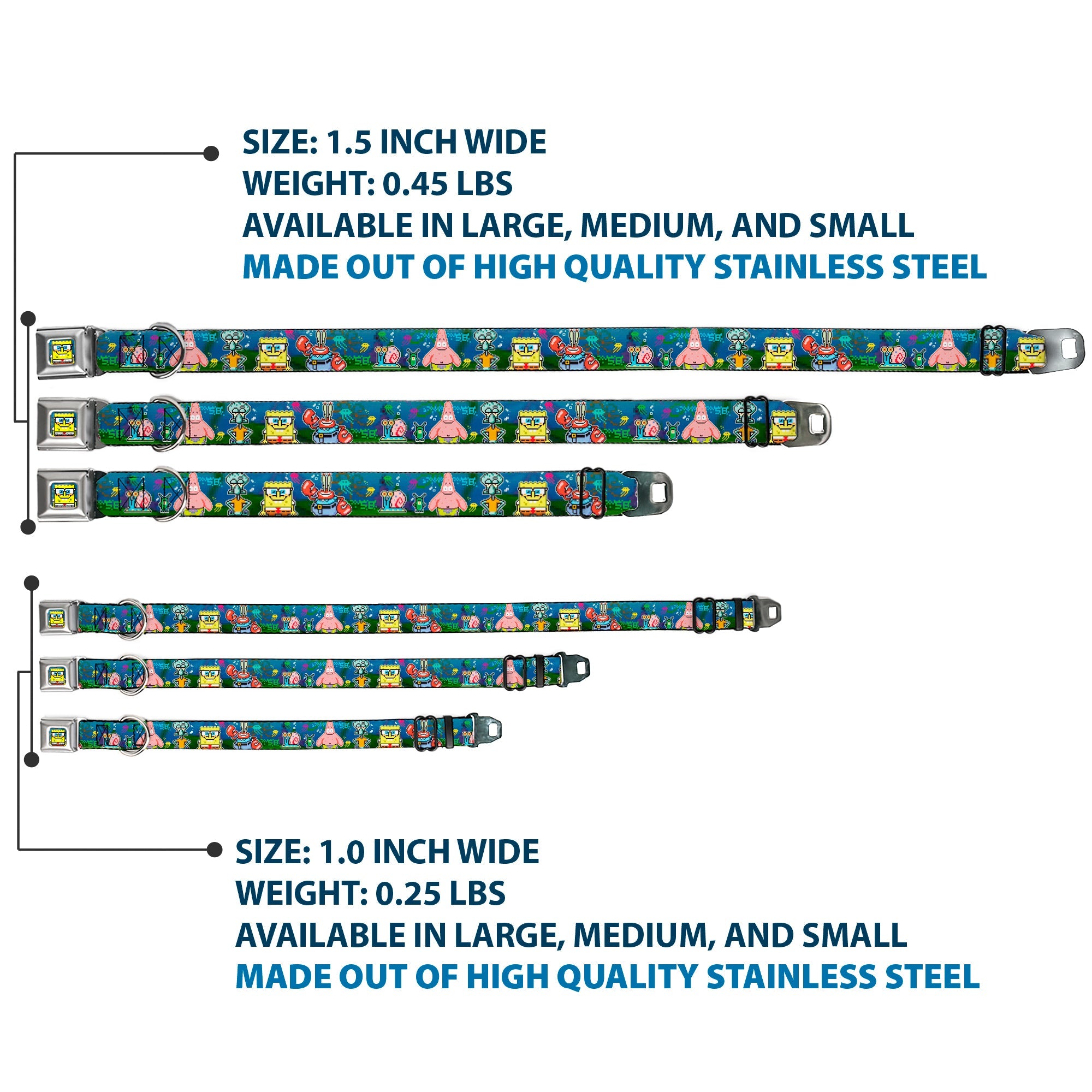 Pixelated SpongeBob Nerd Pose Full Color Blue Seatbelt Buckle Collar - SpongeBob & Friends 8-Bit Scene