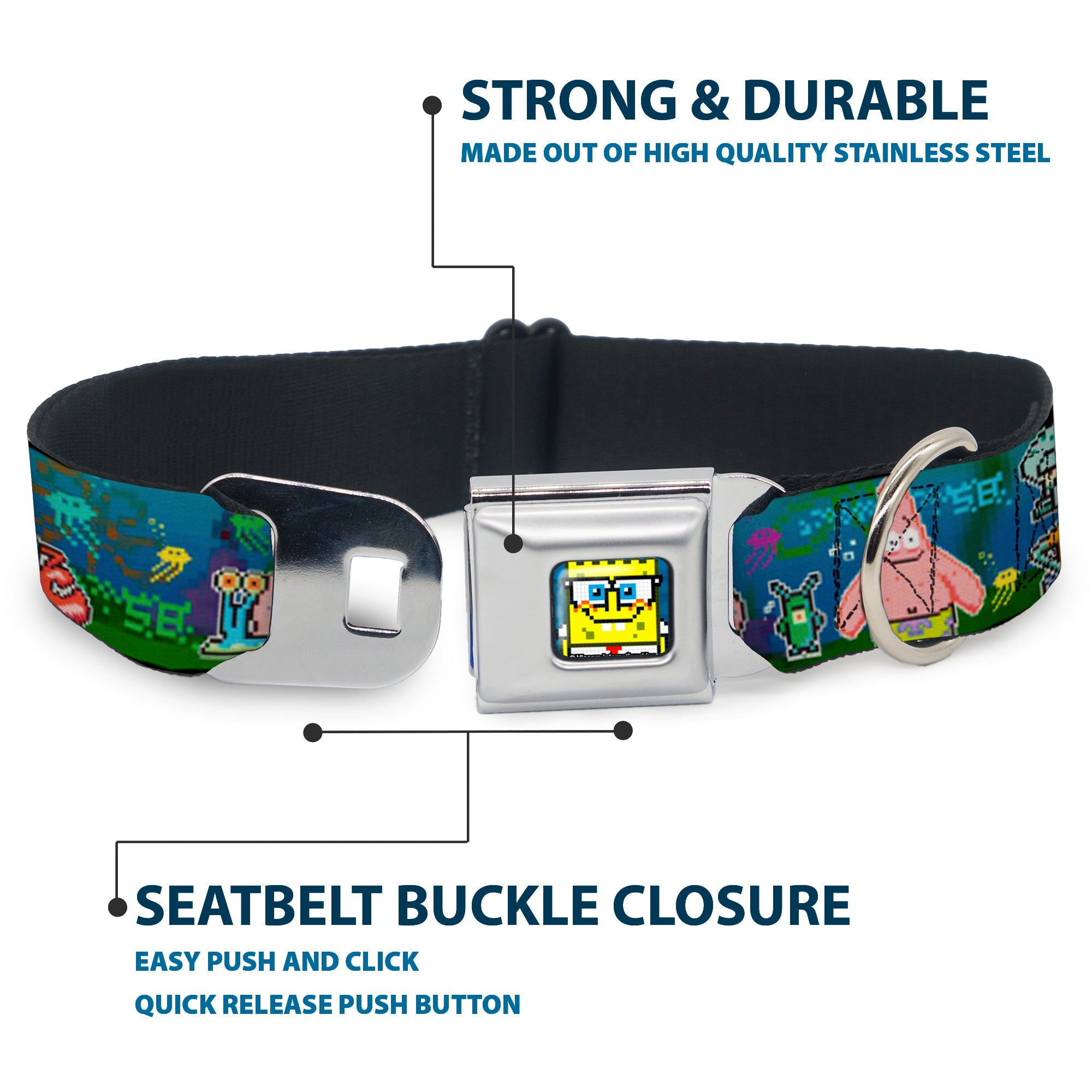 Pixelated SpongeBob Nerd Pose Full Color Blue Seatbelt Buckle Collar - SpongeBob & Friends 8-Bit Scene