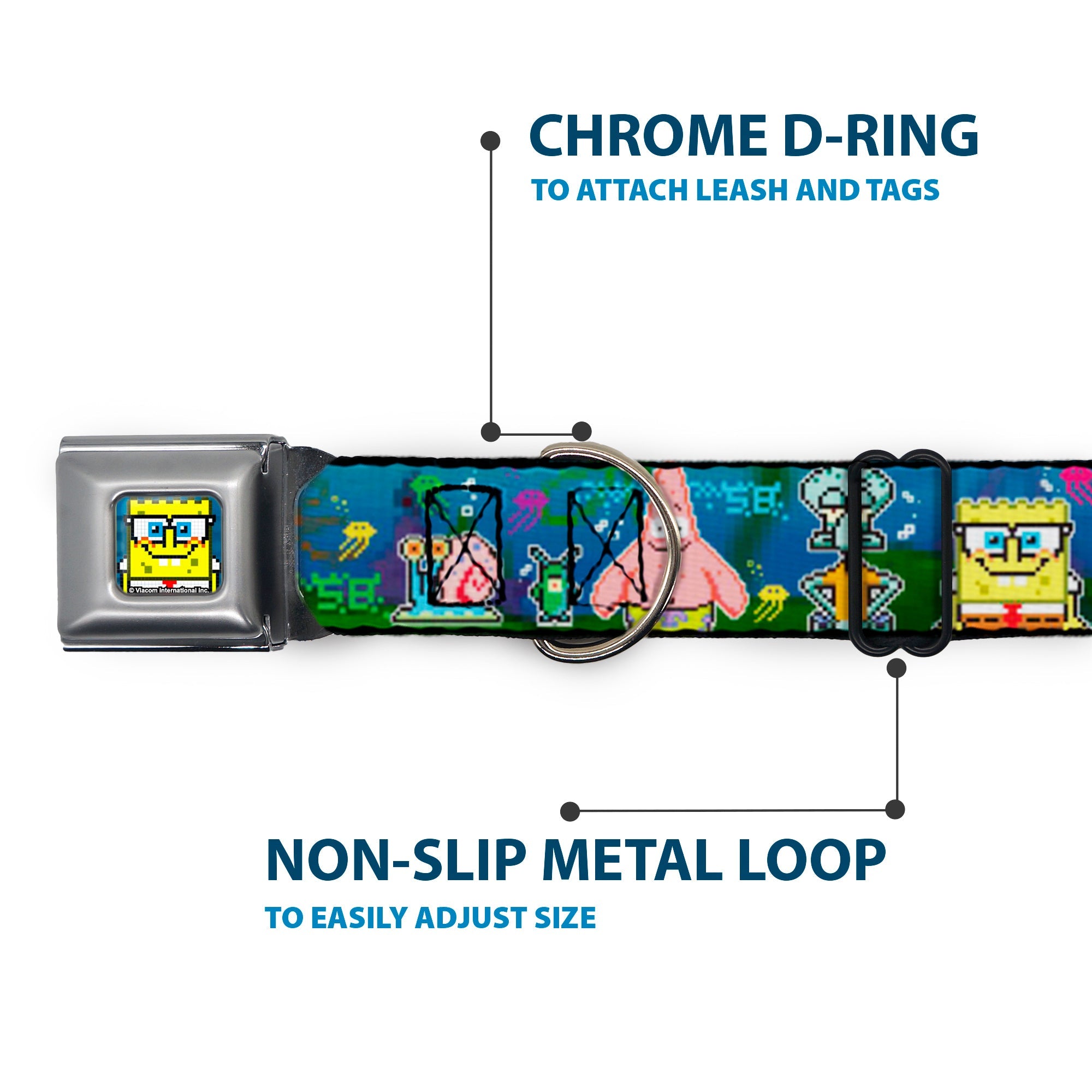 Pixelated SpongeBob Nerd Pose Full Color Blue Seatbelt Buckle Collar - SpongeBob & Friends 8-Bit Scene