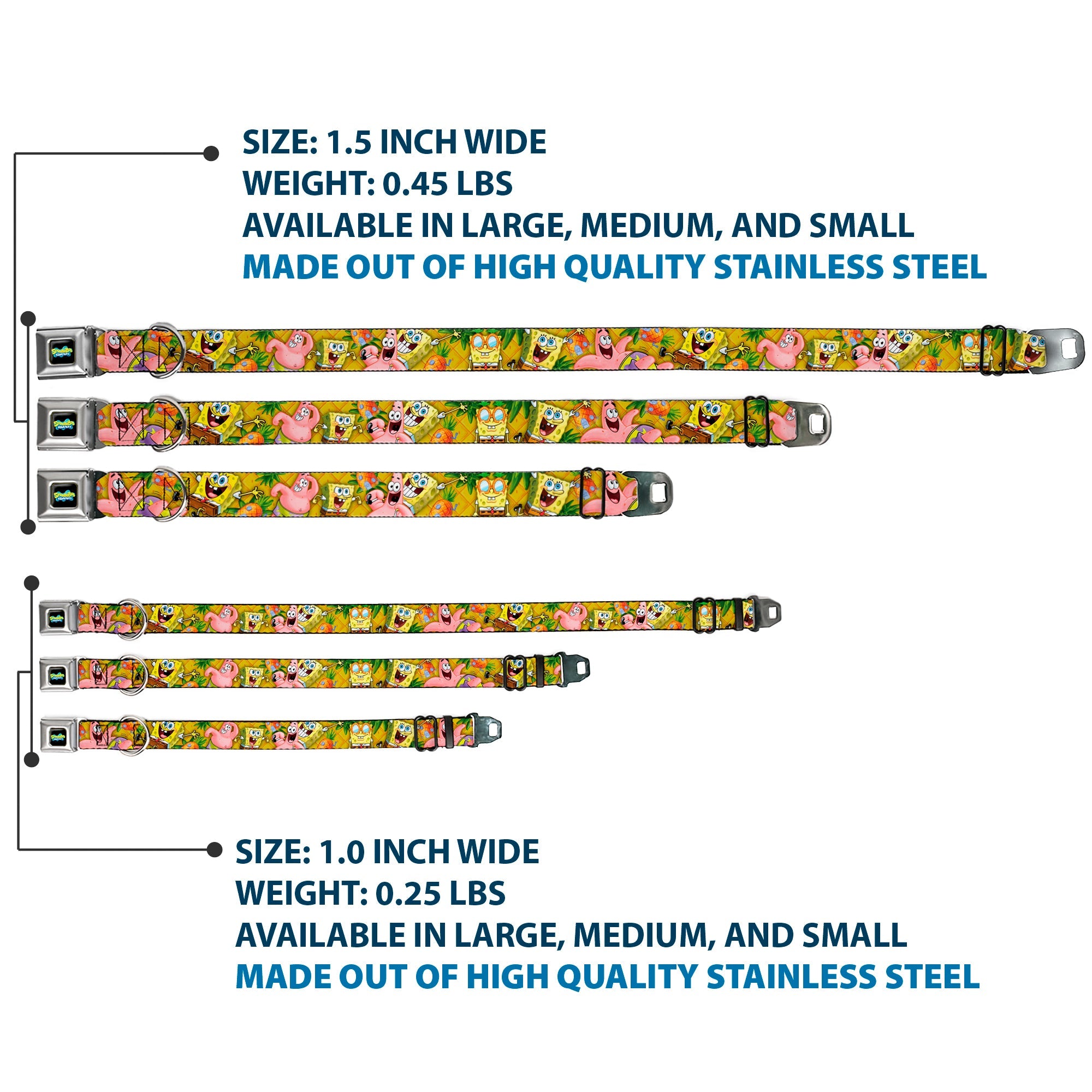 SpongeBob SquarePants Logo Full Color Black Seatbelt Buckle Collar - SpongeBob & Patrick Starfish Poses Pineapple Gold