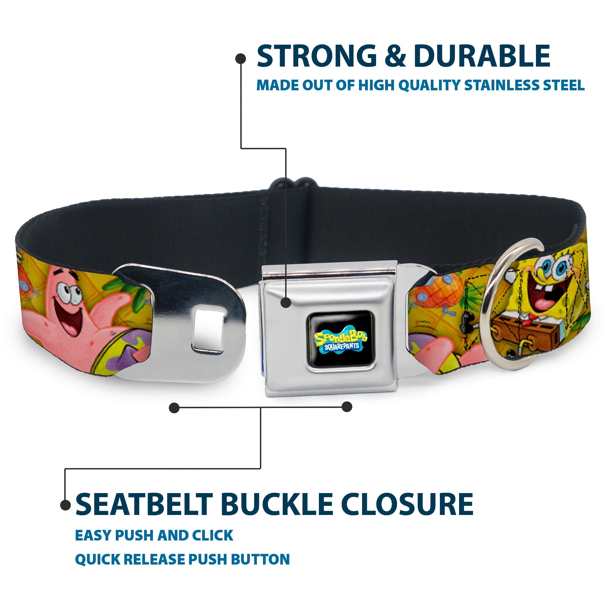 SpongeBob SquarePants Logo Full Color Black Seatbelt Buckle Collar - SpongeBob & Patrick Starfish Poses Pineapple Gold
