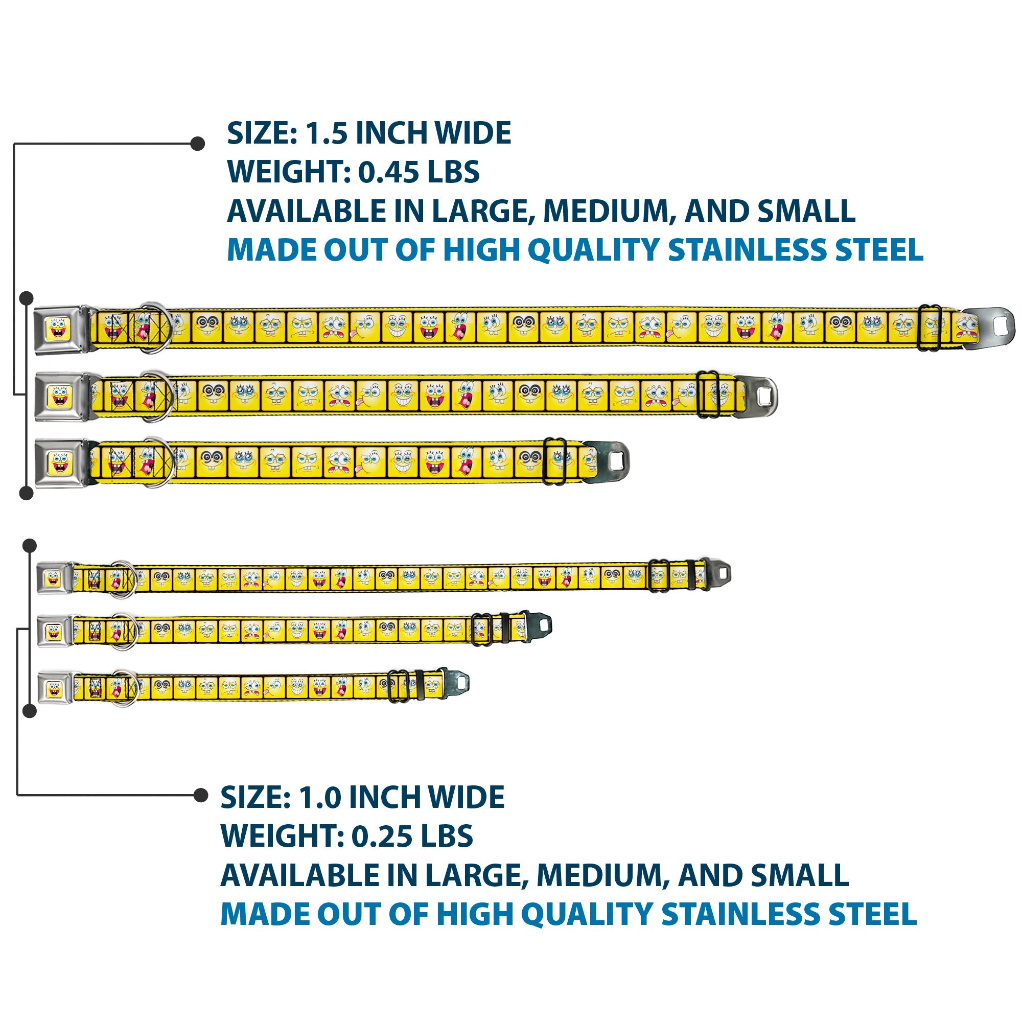 SpongeBob Open Mouth Smile Full Color Seatbelt Buckle Collar - SpongeBob 10-Expressions Filmstrip Yellows/Black/White