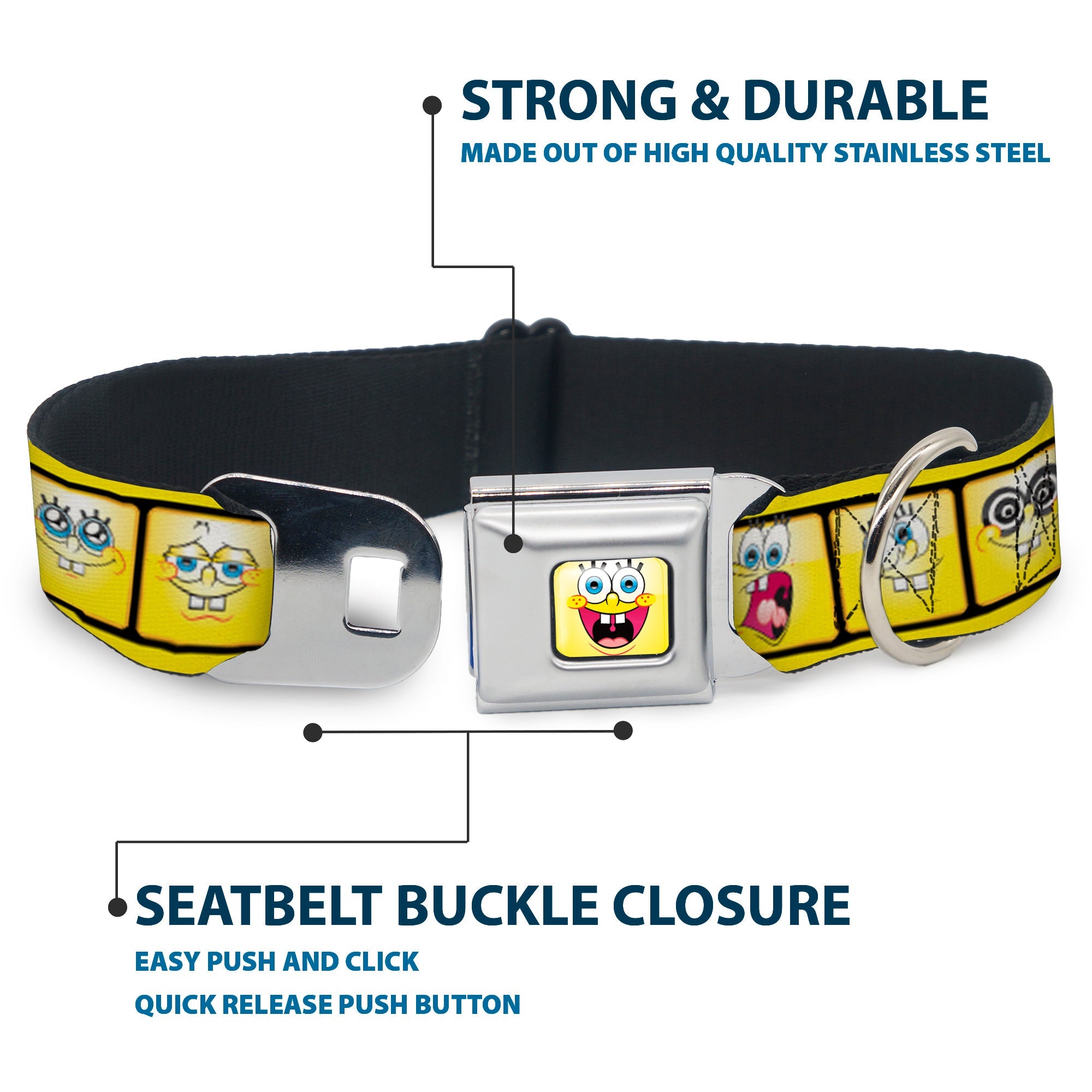 SpongeBob Open Mouth Smile Full Color Seatbelt Buckle Collar - SpongeBob 10-Expressions Filmstrip Yellows/Black/White