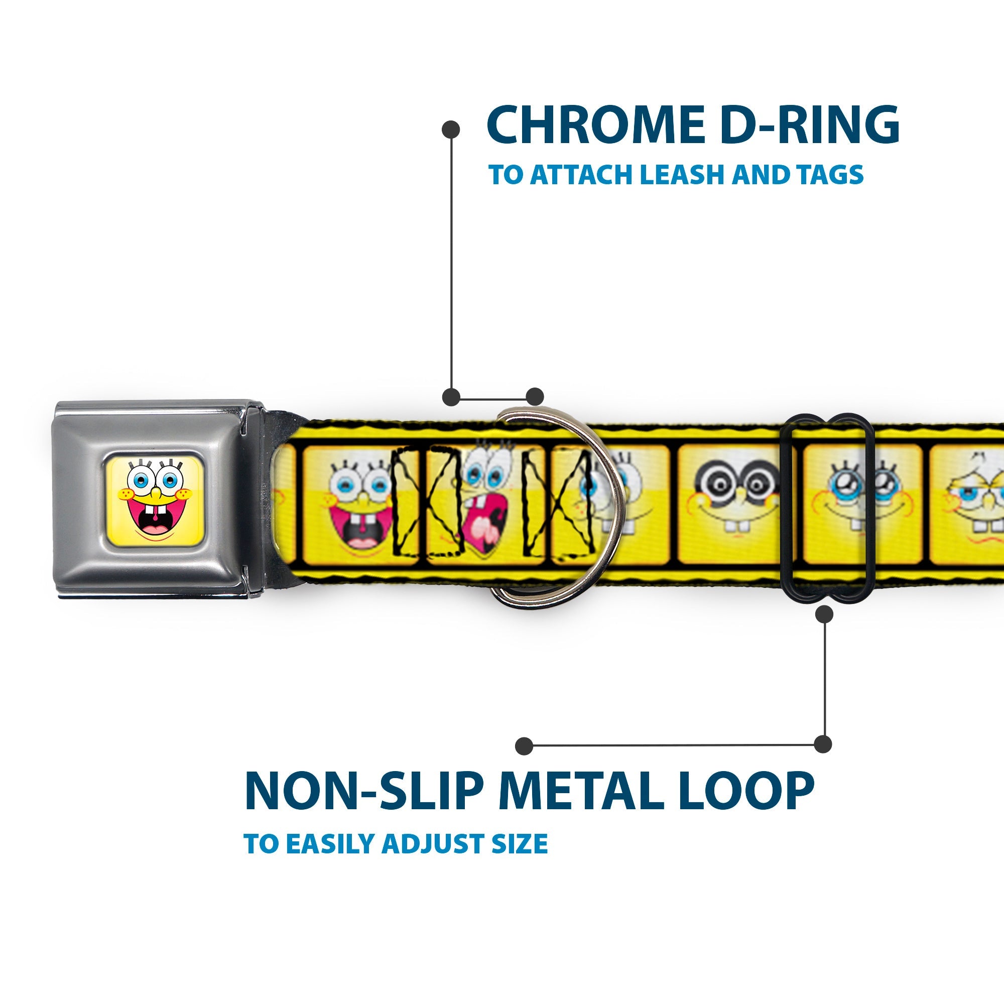 SpongeBob Open Mouth Smile Full Color Seatbelt Buckle Collar - SpongeBob 10-Expressions Filmstrip Yellows/Black/White