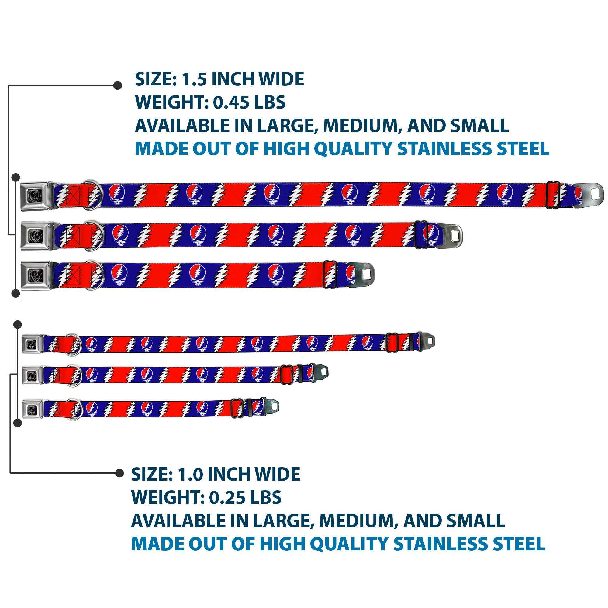 Buckle-Down Steal Your Face Seatbelt Buckle Dog Collar - Steal Your Face w/Lightning Bolt Repeat Red/White/Blue
