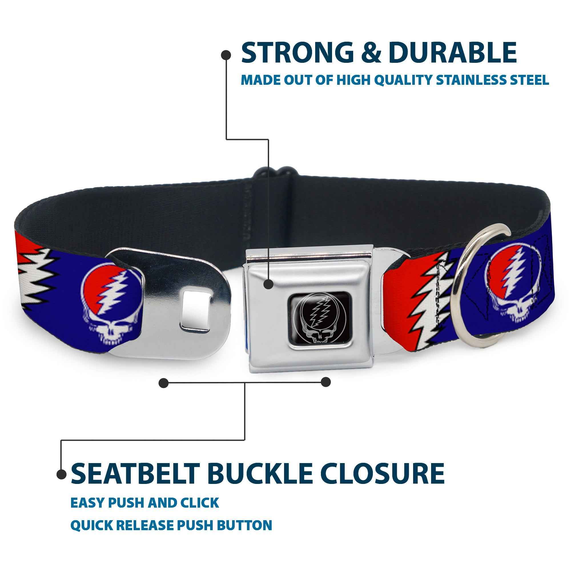 Buckle-Down Steal Your Face Seatbelt Buckle Dog Collar - Steal Your Face w/Lightning Bolt Repeat Red/White/Blue