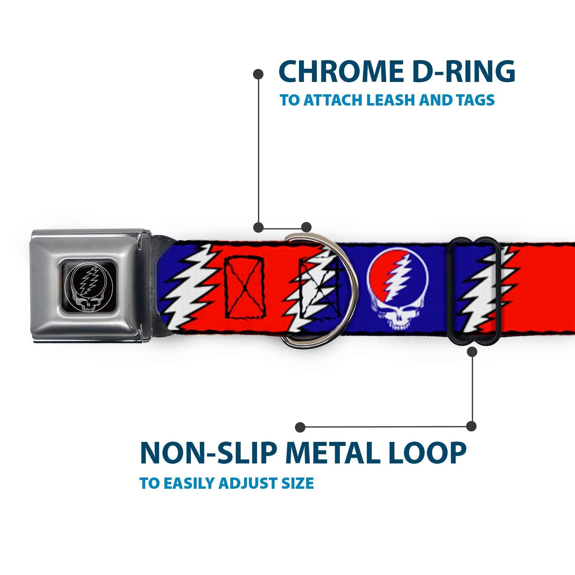 Buckle-Down Steal Your Face Seatbelt Buckle Dog Collar - Steal Your Face w/Lightning Bolt Repeat Red/White/Blue