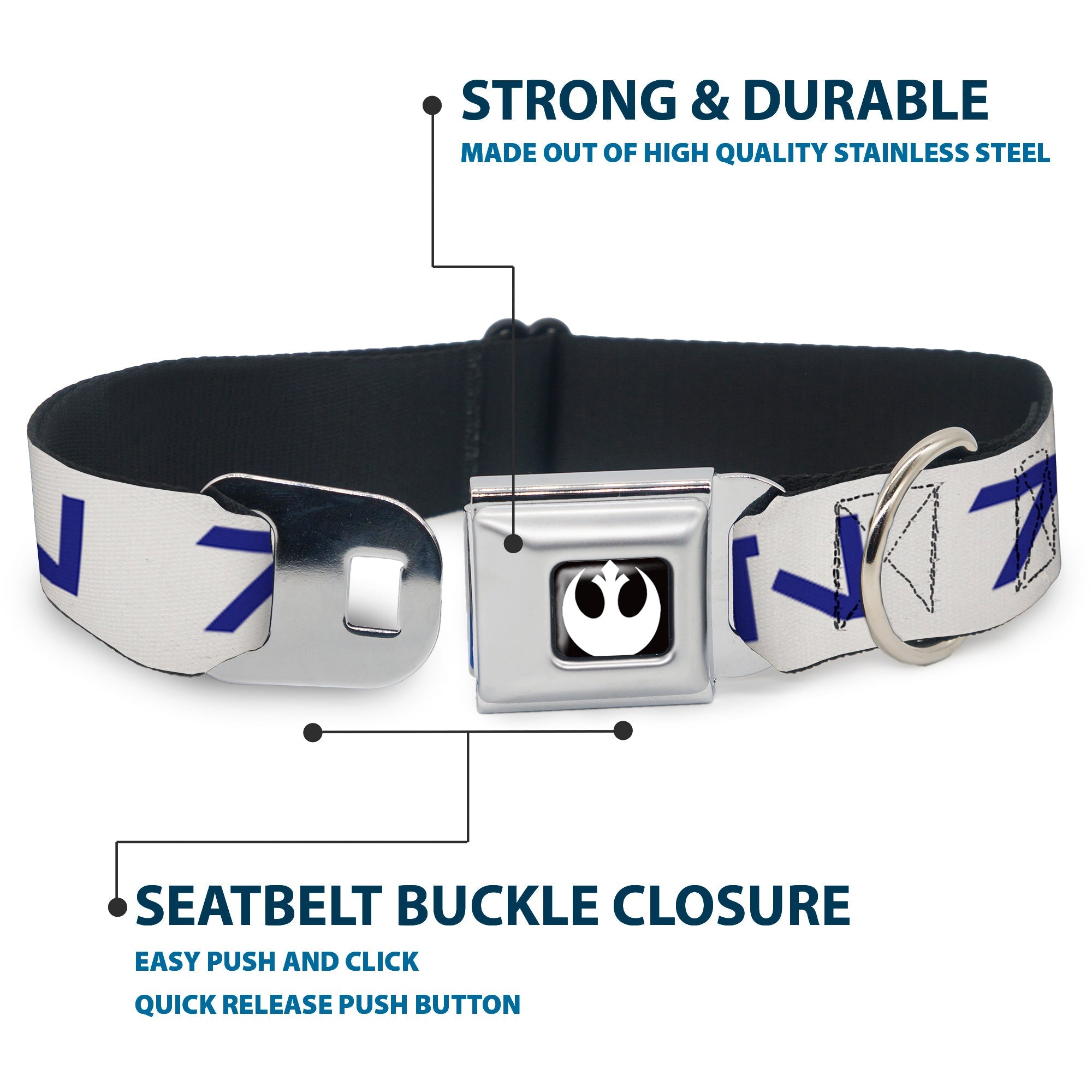Star Wars Rebel Alliance Insignia Full Color Black/White Seatbelt Buckle Collar - Star Wars Aurebesh REBEL White/Blue