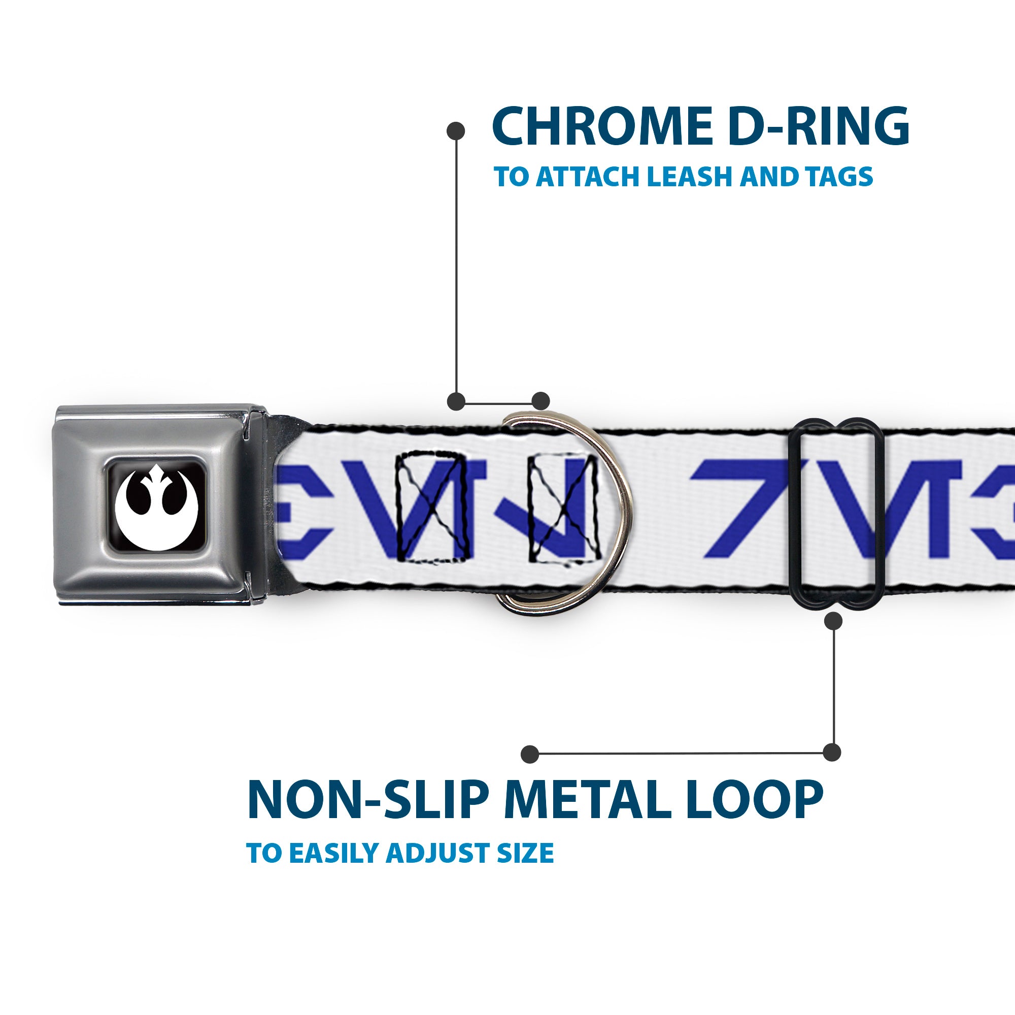 Star Wars Rebel Alliance Insignia Full Color Black/White Seatbelt Buckle Collar - Star Wars Aurebesh REBEL White/Blue