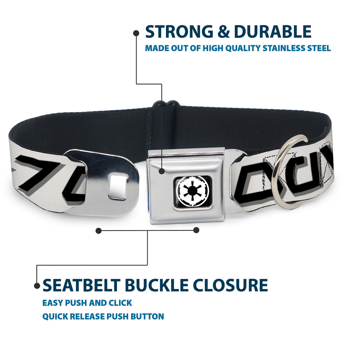 Star Wars Galactic Empire Insignia Full Color Black/White Seatbelt Buckle Collar - Star Wars Aurebesh STORMTROOPER White/Gray/Black