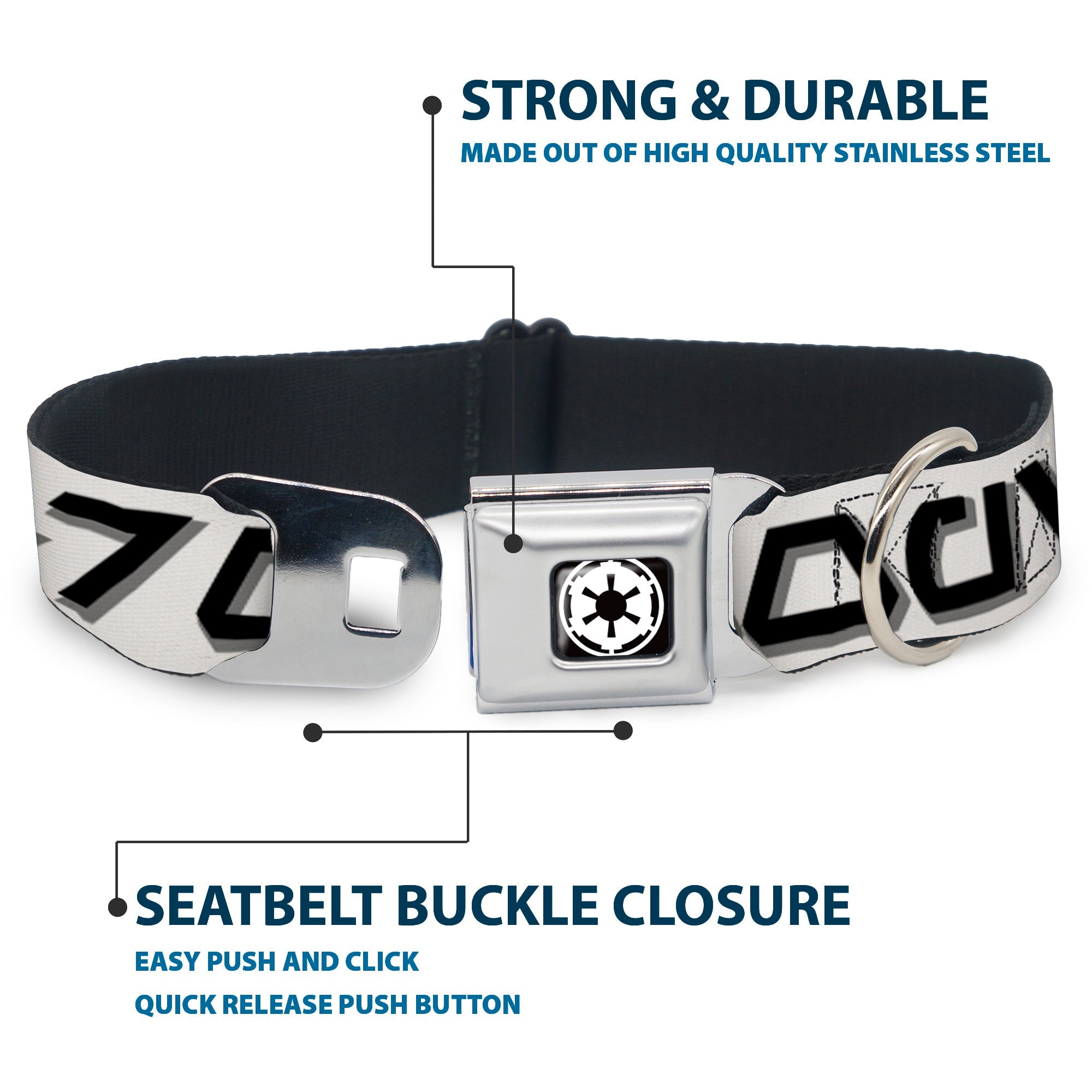Star Wars Galactic Empire Insignia Full Color Black/White Seatbelt Buckle Collar - Star Wars Aurebesh STORMTROOPER White/Gray/Black