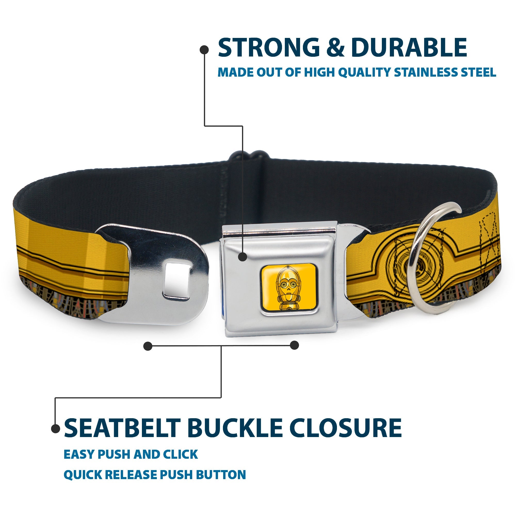 C3-PO Face Full Color Yellows/Black Seatbelt Buckle Collar - Star Wars C3-PO Wires Bounding2 Yellows/Black/Multi Color