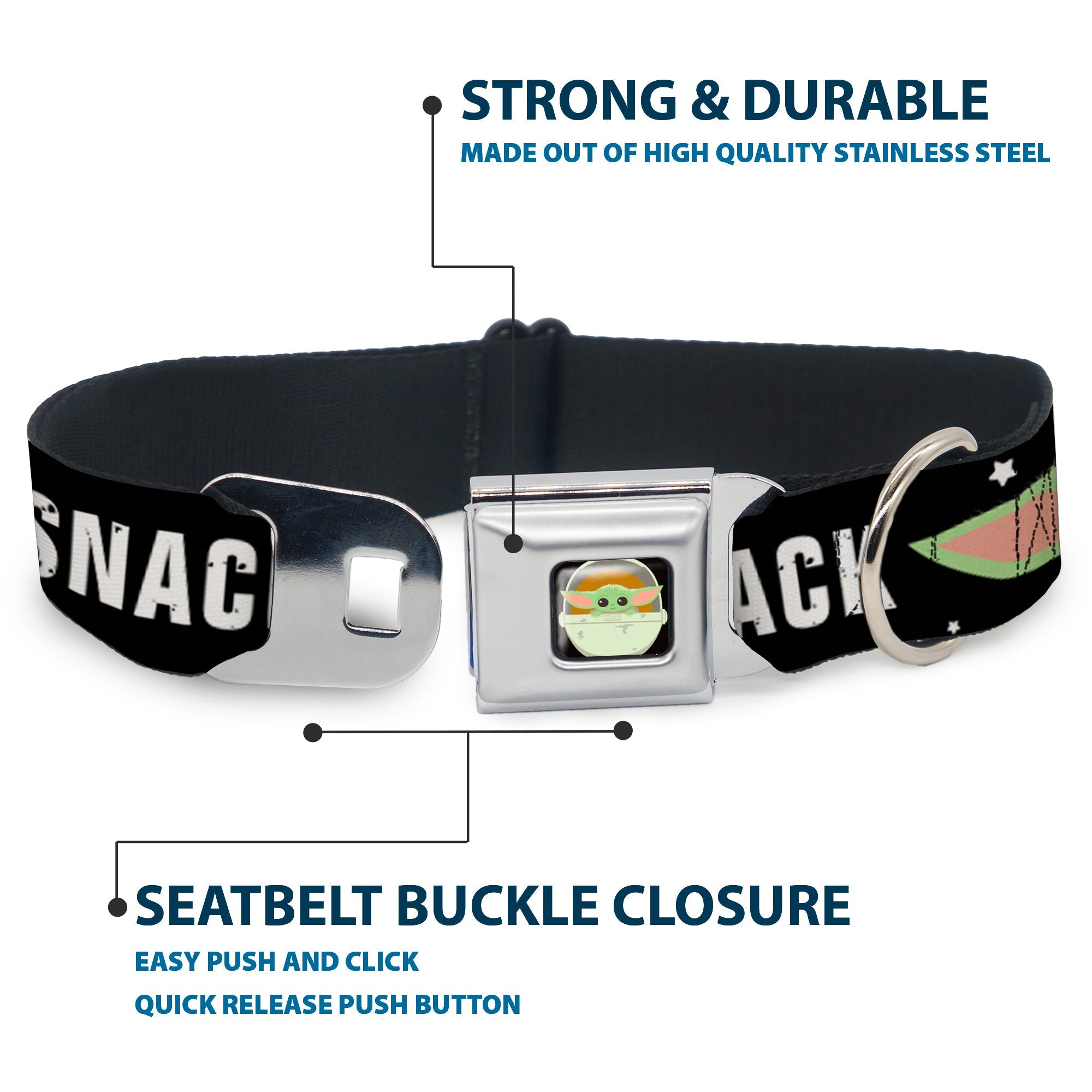 Star Wars The Child Chibi Pod Pose Full Color Black Seatbelt Buckle Collar - Star Wars The Child Chibi Face PROTECT ATTACK SNACK Black/White