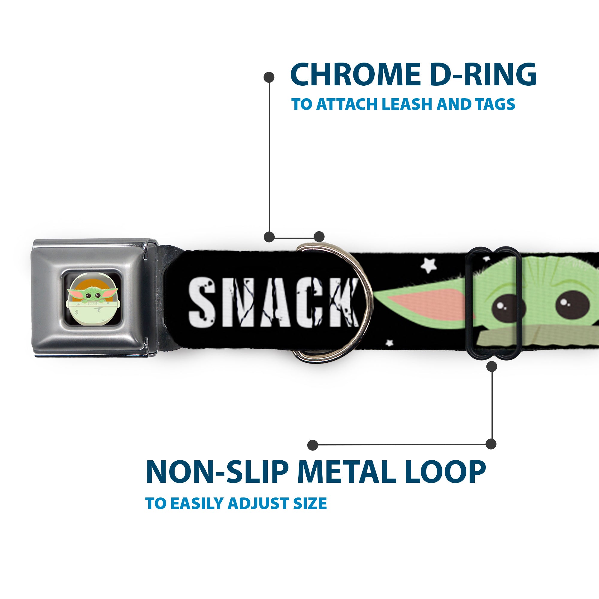 Star Wars The Child Chibi Pod Pose Full Color Black Seatbelt Buckle Collar - Star Wars The Child Chibi Face PROTECT ATTACK SNACK Black/White