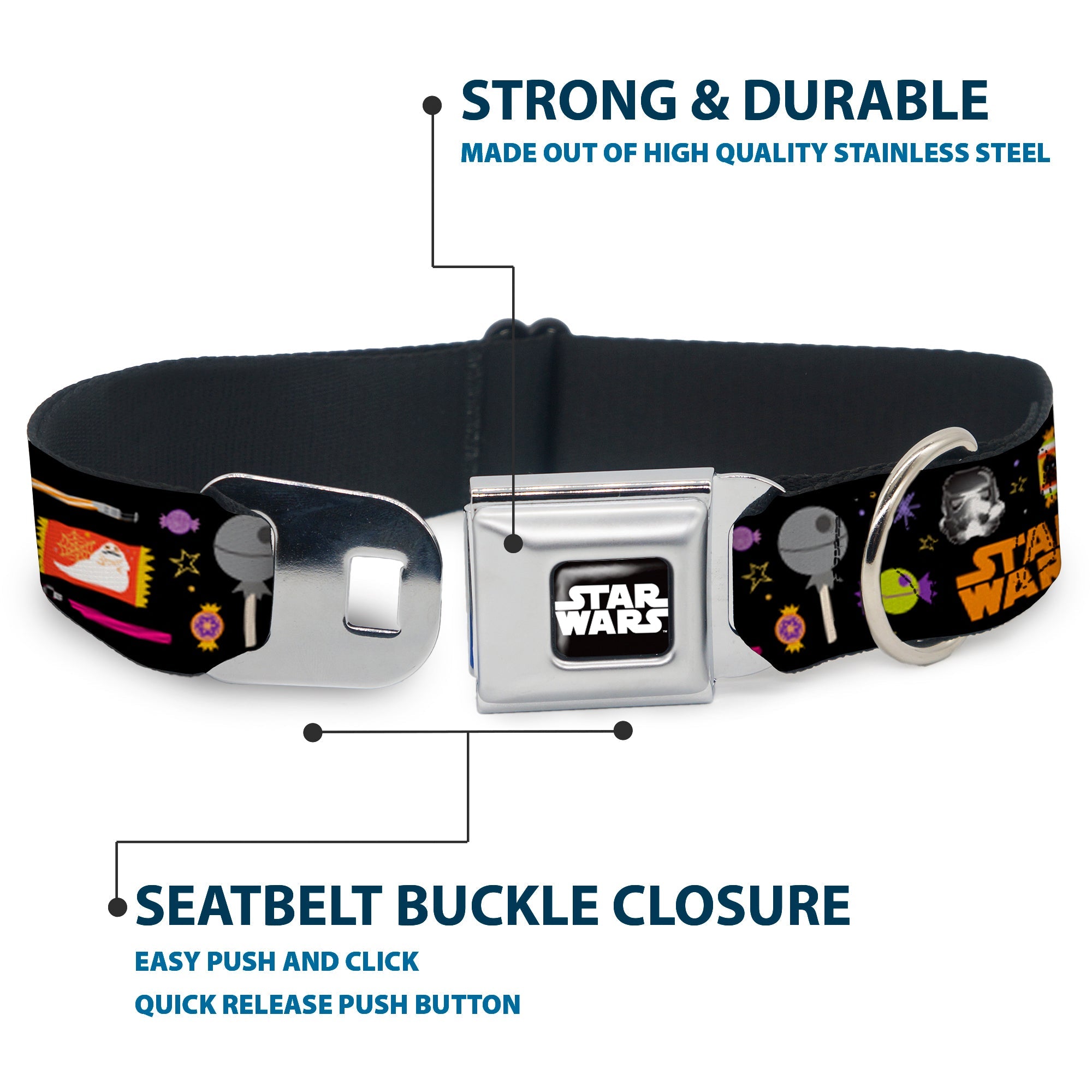 STAR WARS Logo Black/White Seatbelt Buckle Collar - Star Wars Festive Candy Icons Collage Black/Multi Color