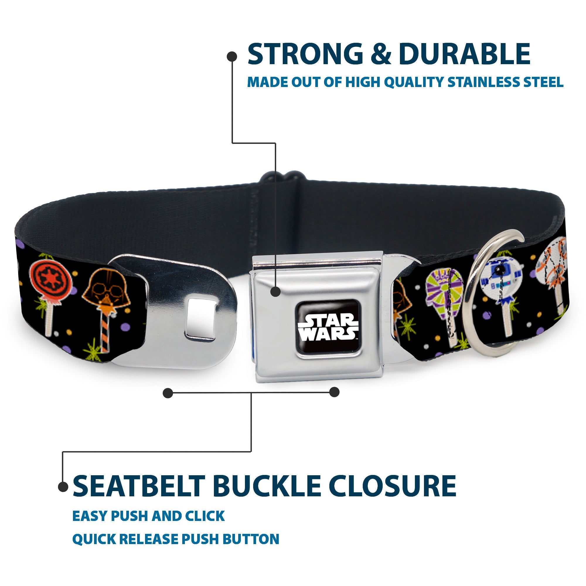 STAR WARS Logo Black/White Seatbelt Buckle Collar - Star Wars Festive Lollipop Icons Black/Multi Color