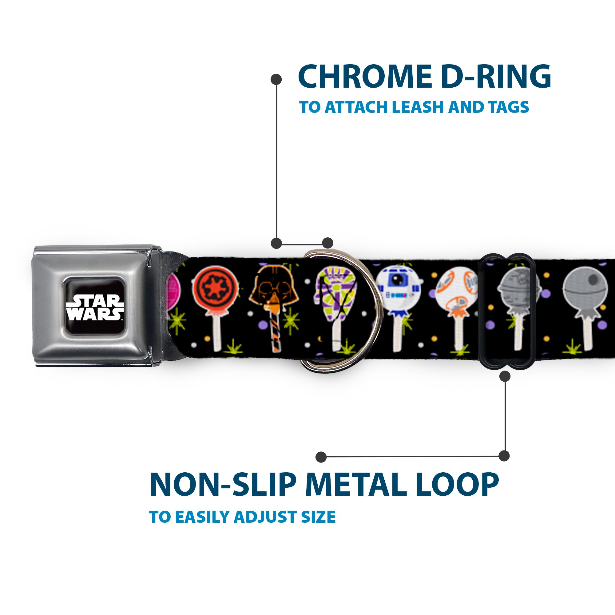 STAR WARS Logo Black/White Seatbelt Buckle Collar - Star Wars Festive Lollipop Icons Black/Multi Color