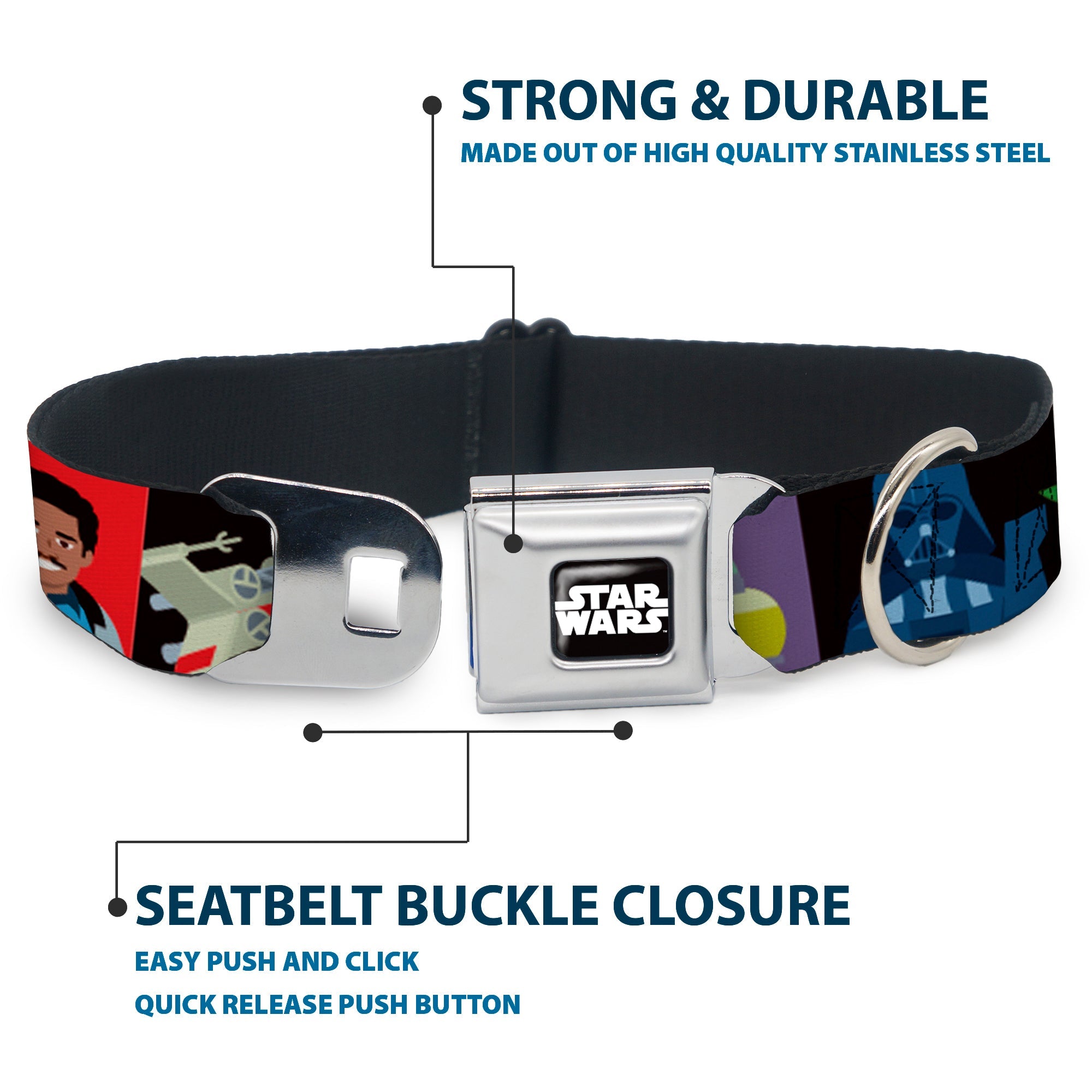 STAR WARS Logo Full Color Black/White Seatbelt Buckle Collar - Star Wars Classic 16-Character Pose Blocks Multi Color