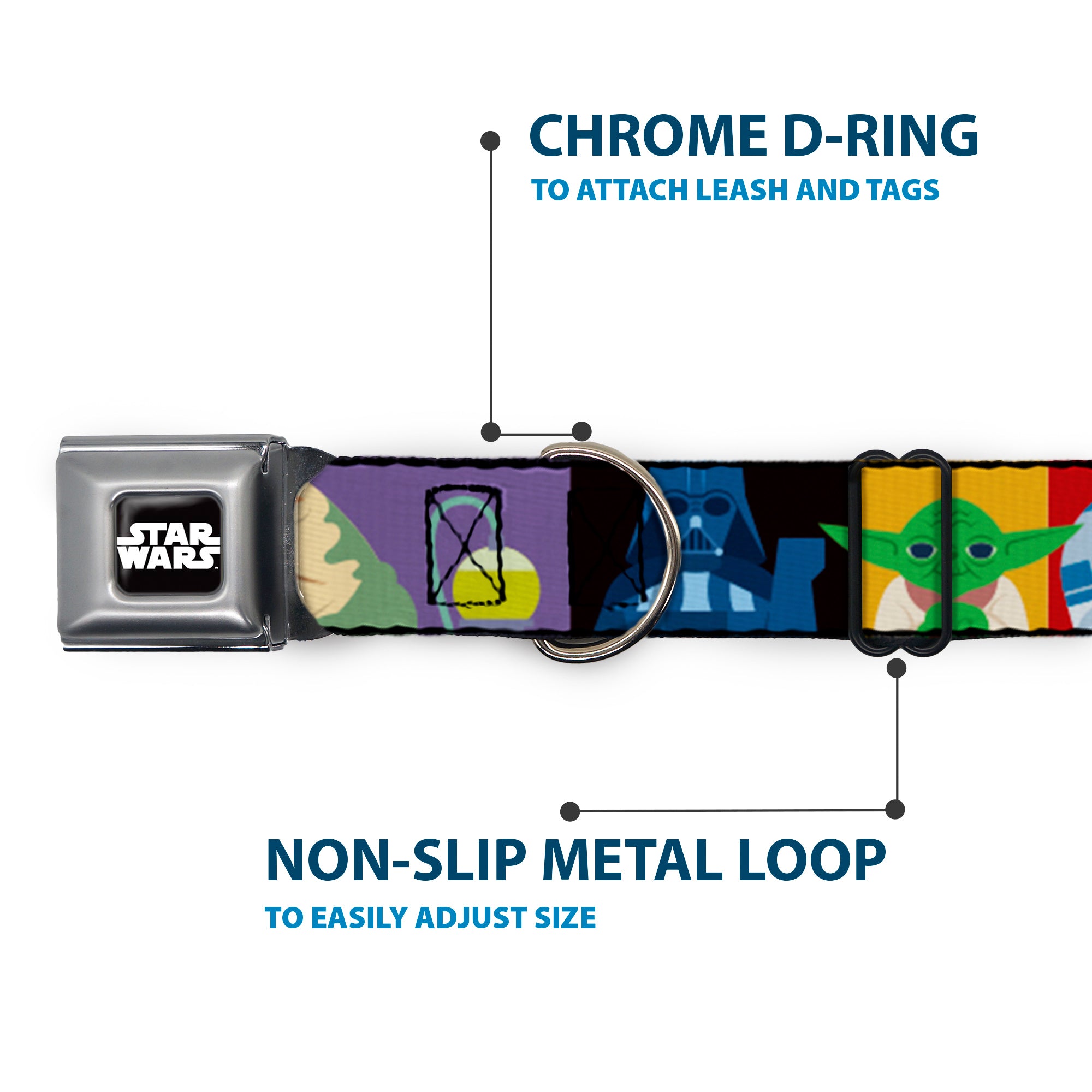 STAR WARS Logo Full Color Black/White Seatbelt Buckle Collar - Star Wars Classic 16-Character Pose Blocks Multi Color