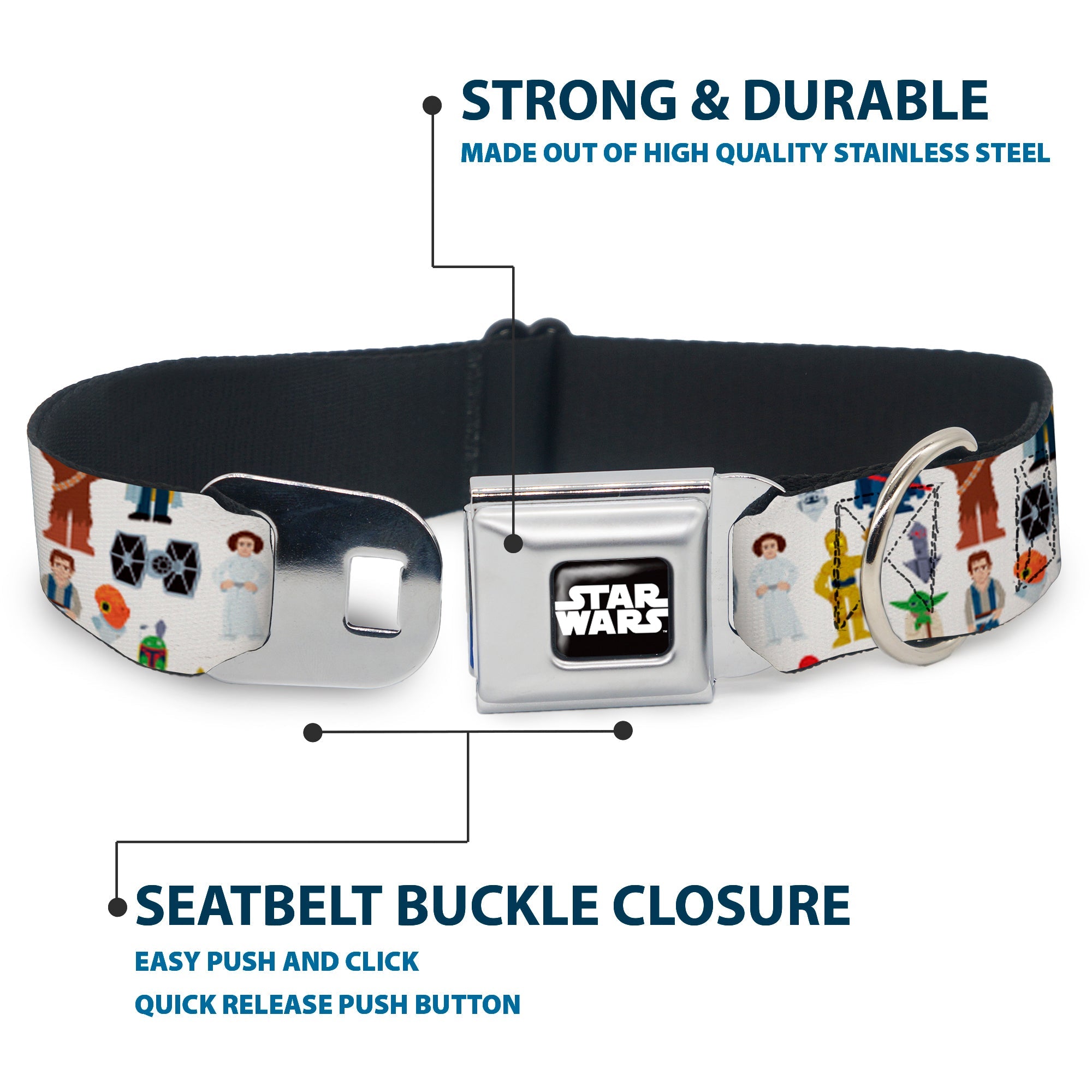 STAR WARS Logo Full Color Black/White Seatbelt Buckle Collar - Star Wars Classic Characters and Icons Collage White