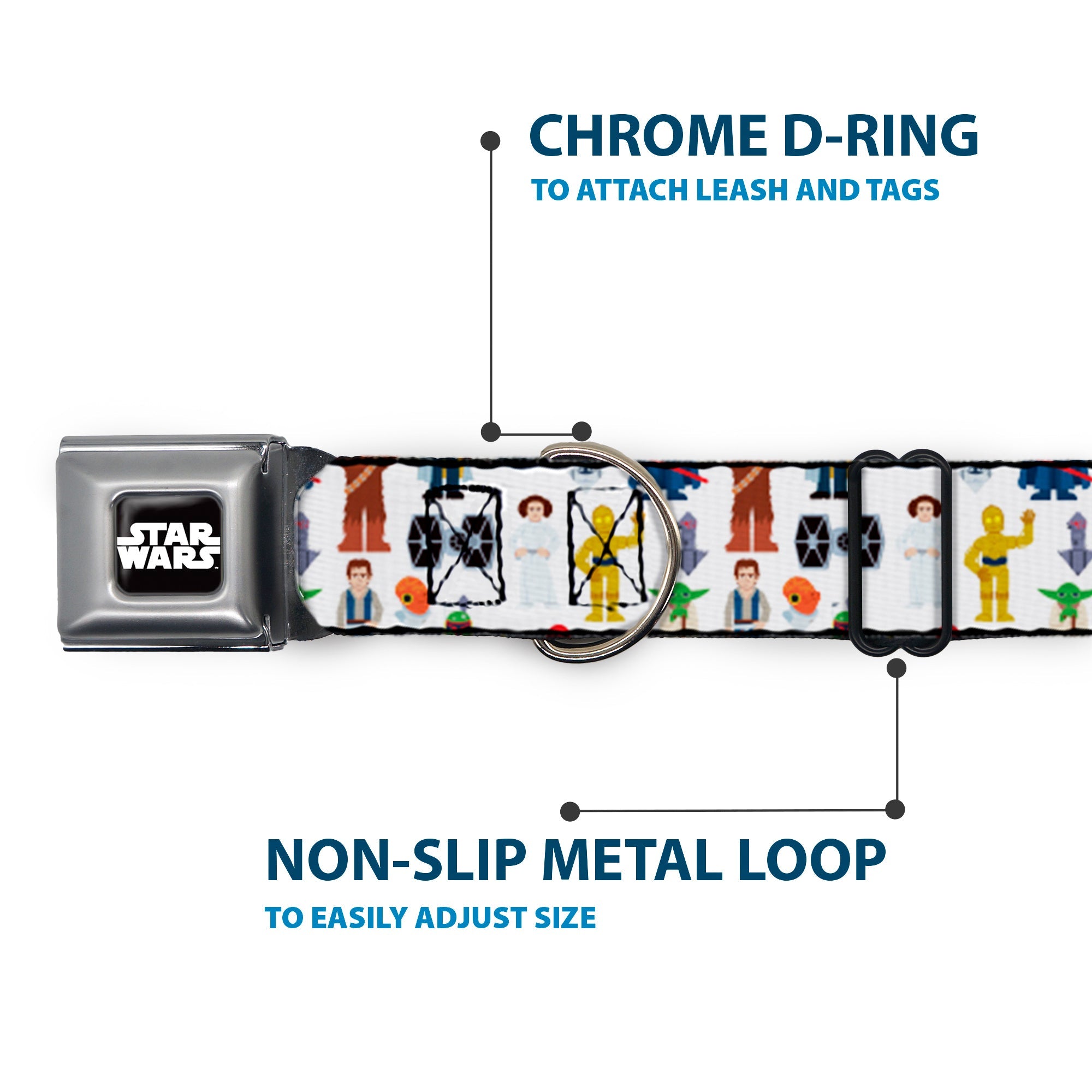 STAR WARS Logo Full Color Black/White Seatbelt Buckle Collar - Star Wars Classic Characters and Icons Collage White