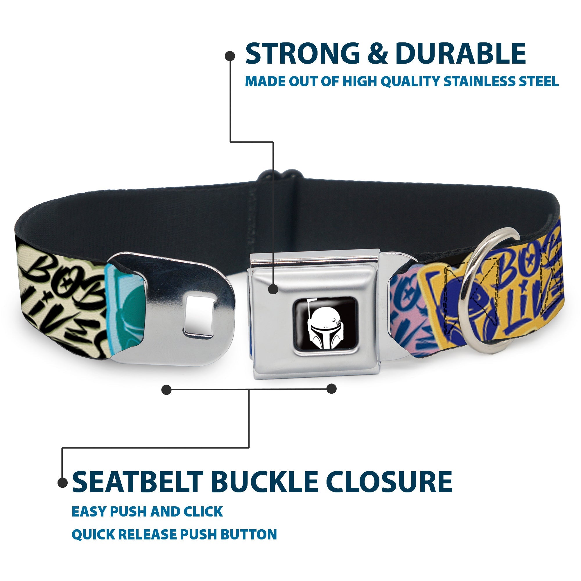 Star Wars Boba Fett Helmet Logo Full Color Black/White Seatbelt Buckle Collar - Boba Fett BOBA LIVES Graffiti Stacked Multi Color
