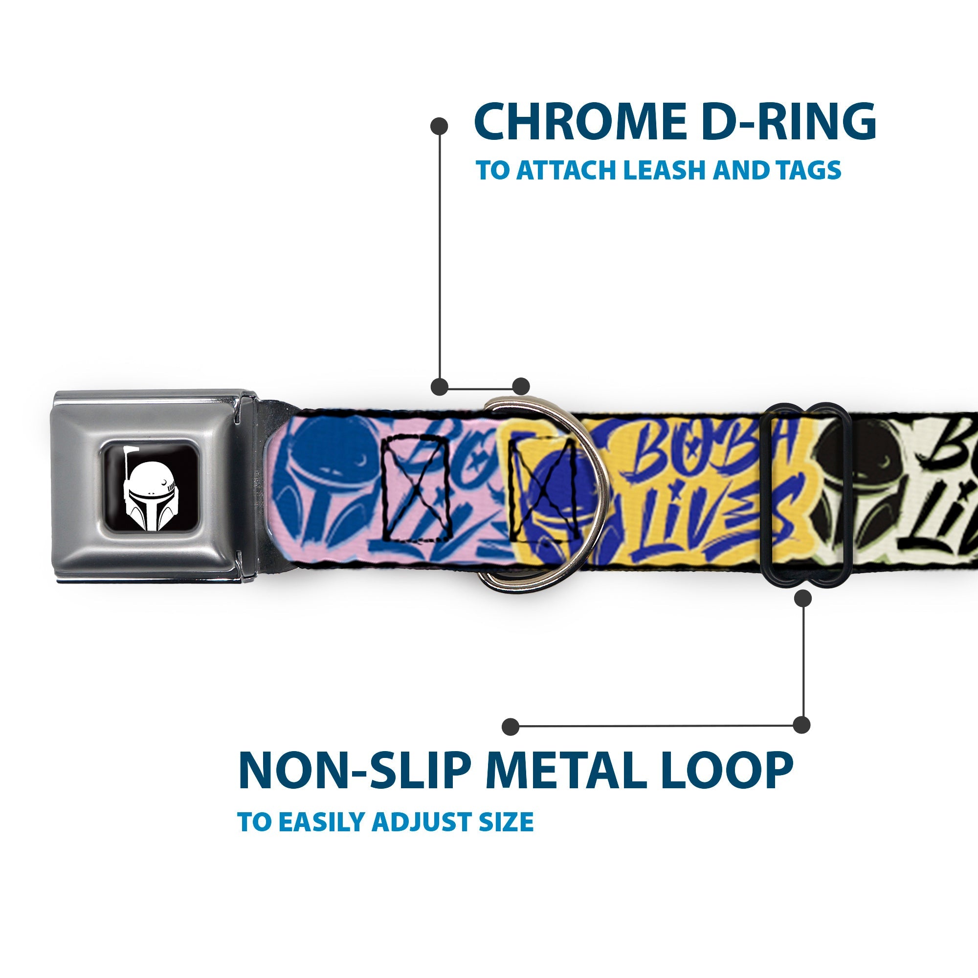 Star Wars Boba Fett Helmet Logo Full Color Black/White Seatbelt Buckle Collar - Boba Fett BOBA LIVES Graffiti Stacked Multi Color